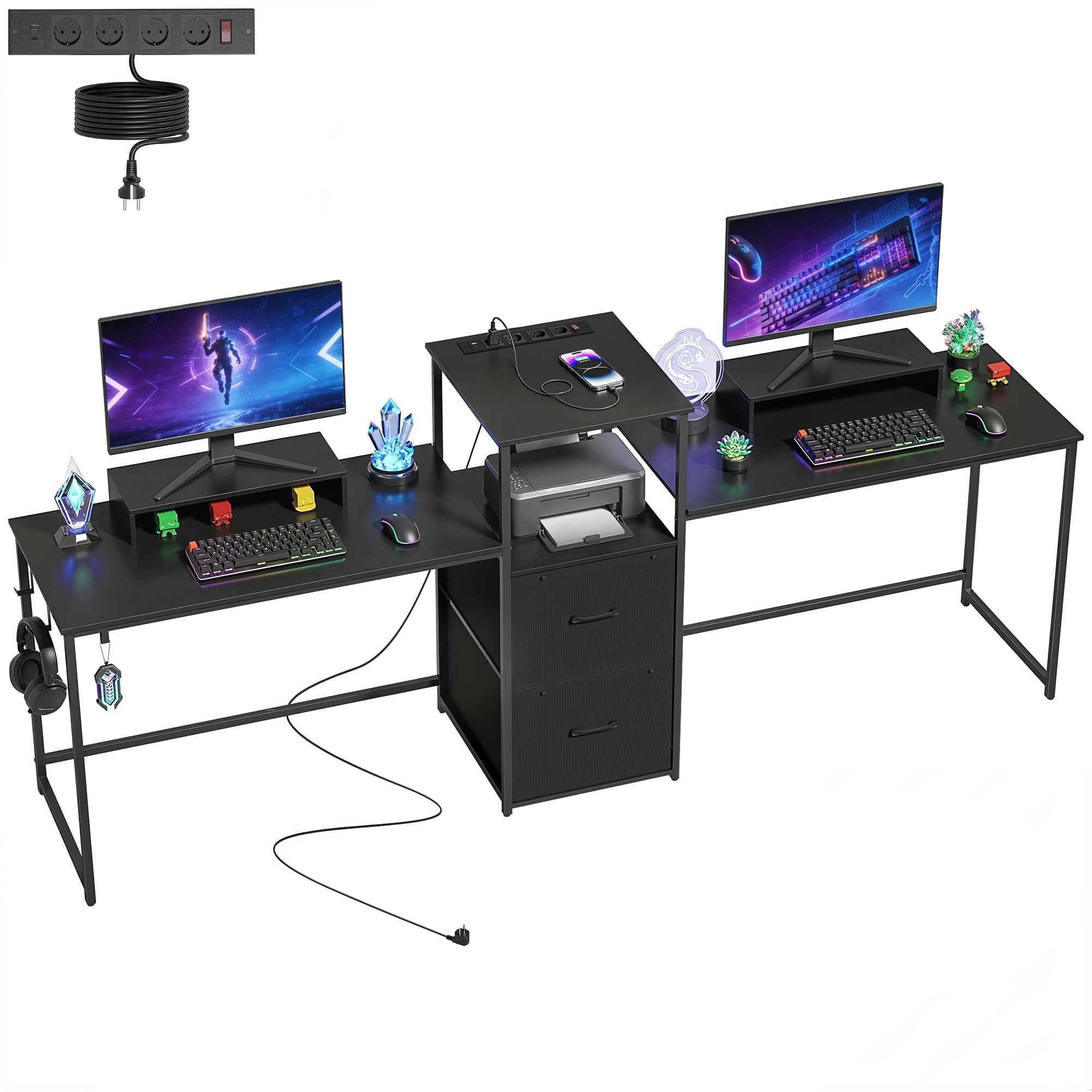 HOMCOM Mesa Gaming Doble Extralargo 244 cm con Estación de Carga Negro | Mesa Gamer, Escritorio Doble, Puertos USB, Soportes para Monitor, Cajones de Tela, Ganchos para Auriculares