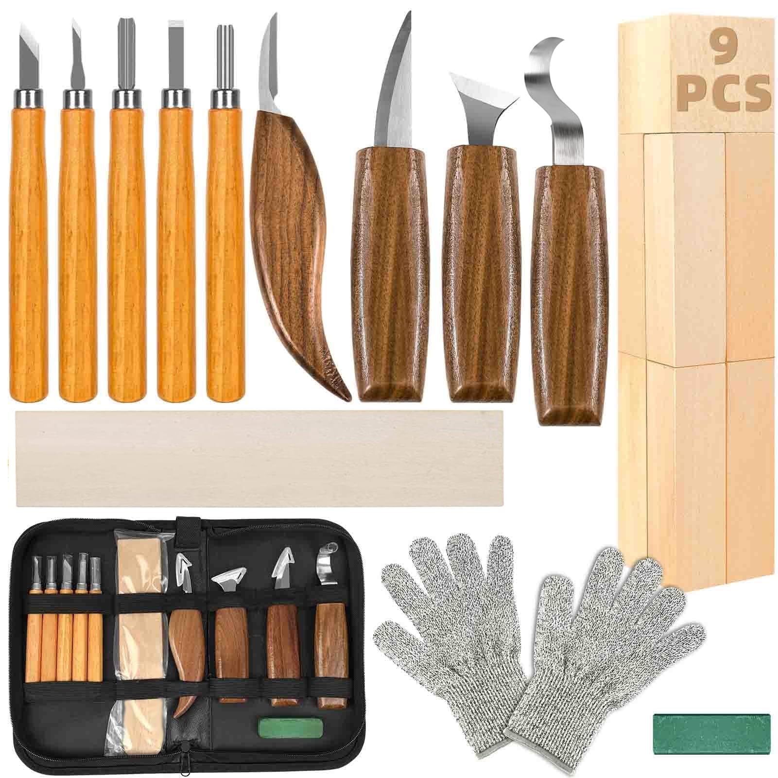 Woodworking Tools Case Set, Wood Whittling Carving Kit for DIY Lovers Beginners and Enthusiasts Gift Idea, Including Basswood Blocks, PU Storage Bag(22PCS) (22)