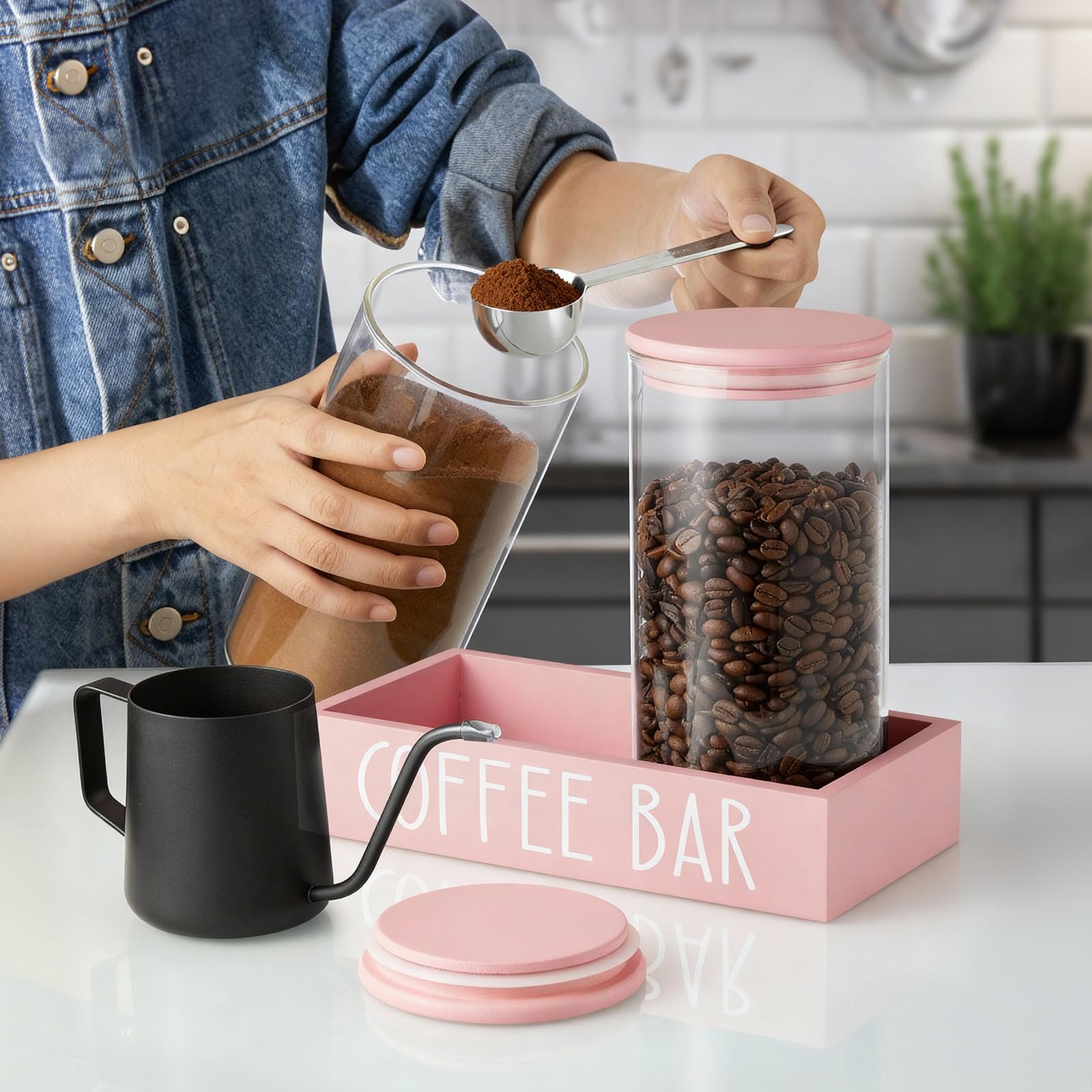 Kaffeedosen für gemahlenen Kaffee, 2 Stück, 1,3 l, Kaffee- und Zuckerbehälter-Set aus Glas mit luftdichten Deckeln und Tablett, rosa Kaffeebohnen-Vorratsdosen für Kaffeebar, Küchendekoration und