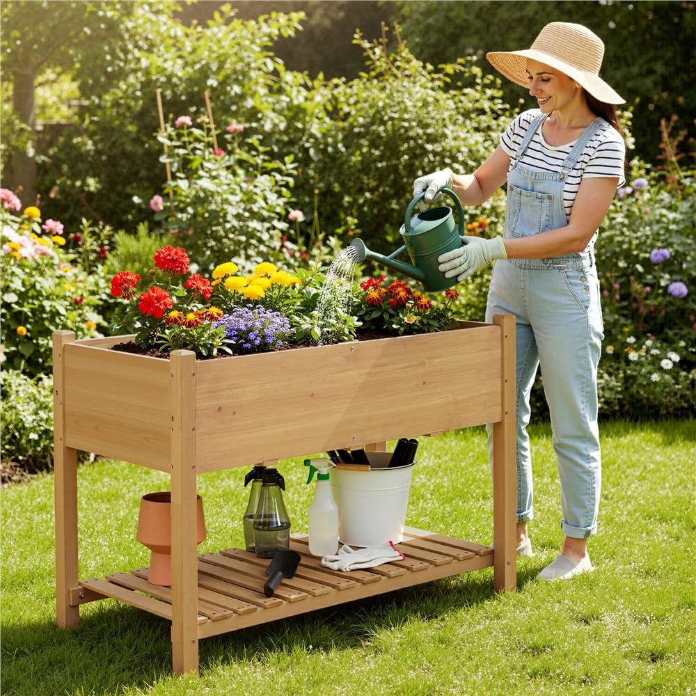 Yaheetech Fioriera/Aiuola Rialzata Orto Balcone Alta da Esterno in Legno Lettino per Piante Giardino con Ripiano Mensola 119 x 57 x 80 cm Portata 100 kg