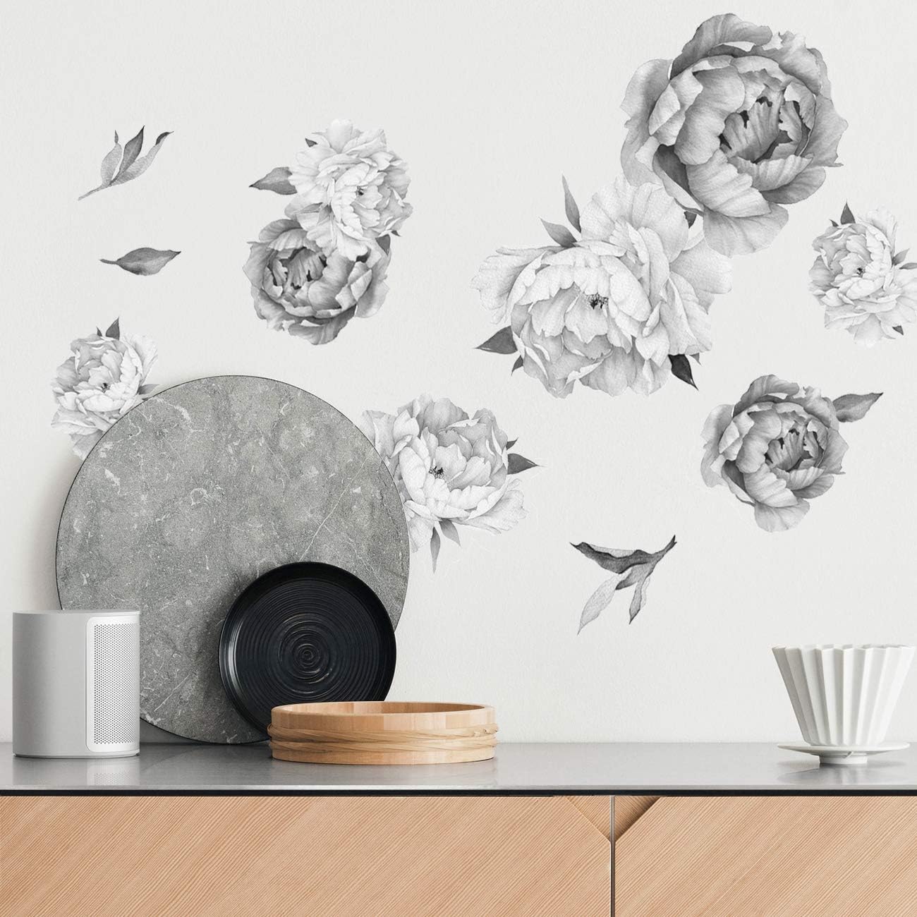 Peony Watercolor Wall Decals (Black and White Watercolor) - Flowers Decals for Wall - Botanical Bedroom Decor - Floral Peonies Grey Wall Stickers with Test Sample