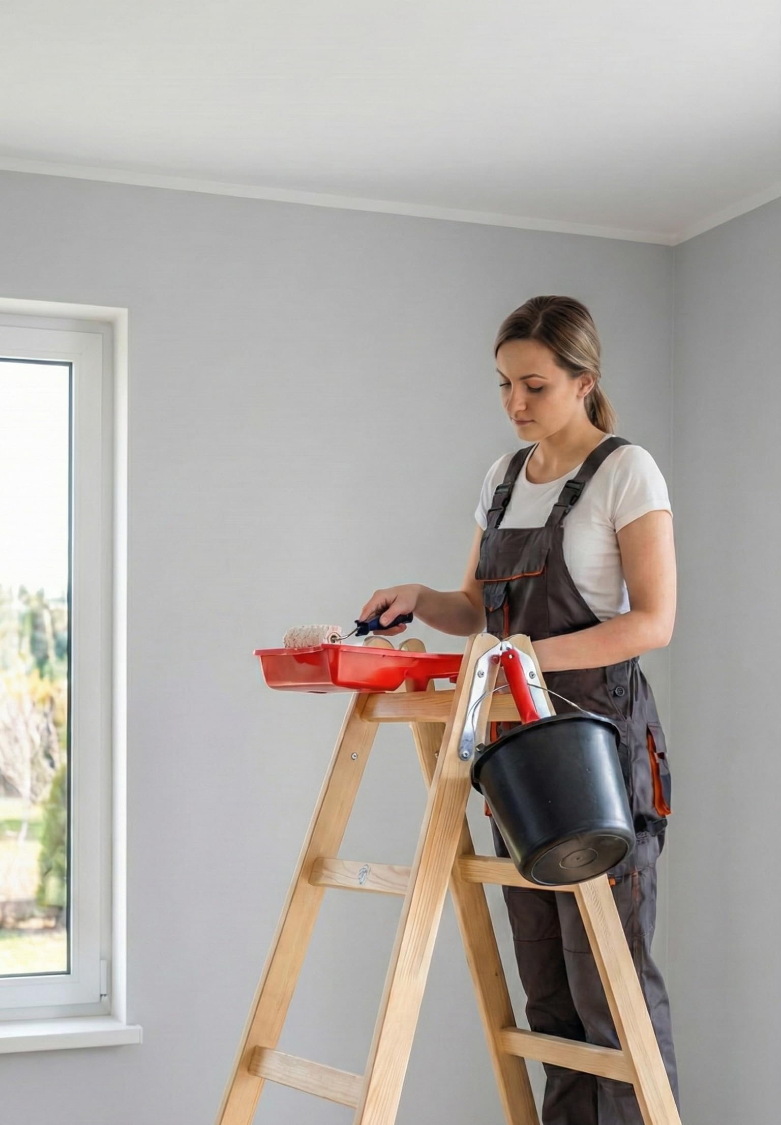 Escalera de Madera para Pintar 2x7 - Estructura desplegable y Extensible - Peldaños impregnados para Trabajos de reparación, Pintura de Interiores y renovación