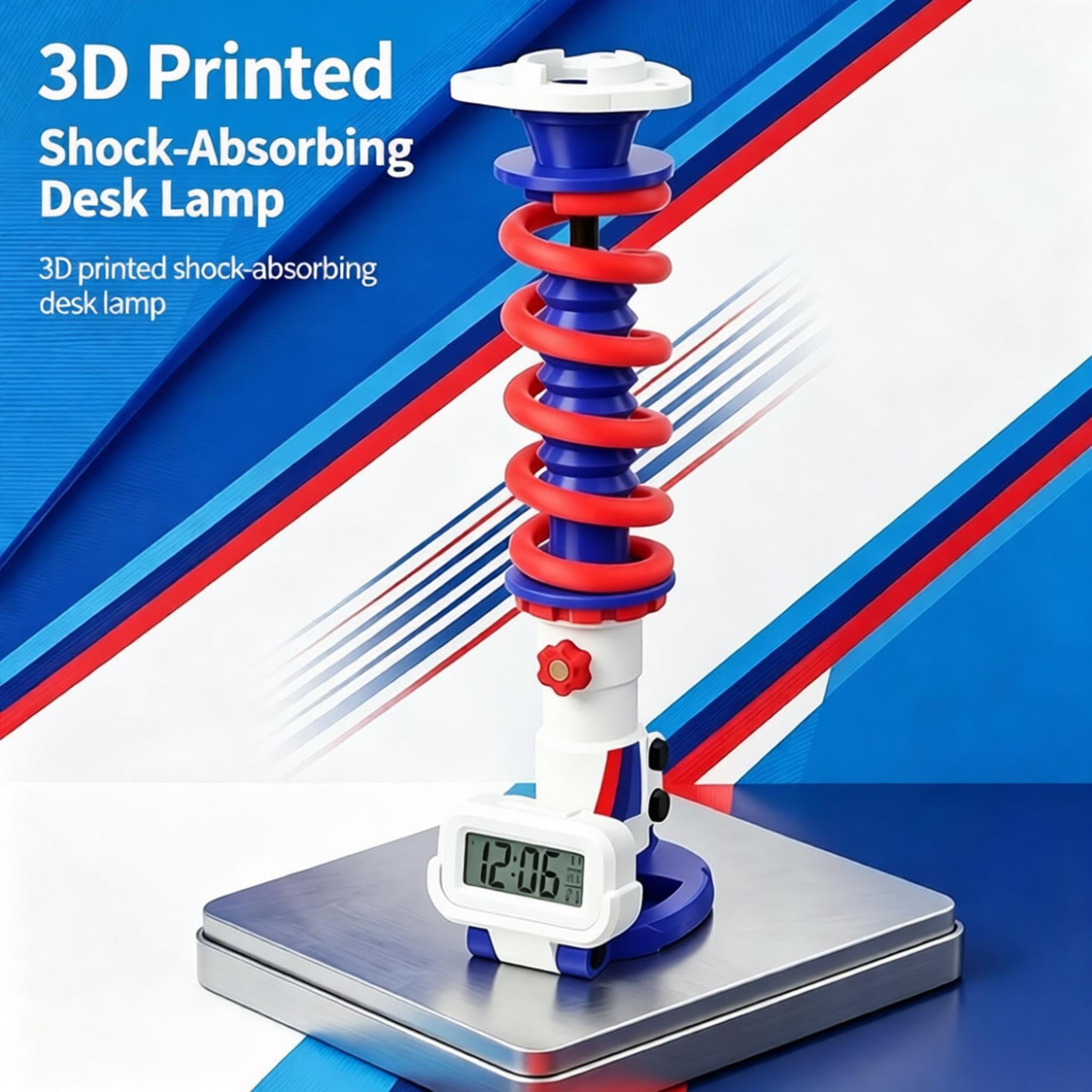 Lampa stołowa z amortyzatorem z nadrukiem 3D, lampa biurkowa sprężynowa spiralna, 3 regulowane poziomy, temperatura barwowa 3800k ± 200 k, oświetlenie 360°, z zegarem cyfrowym, do