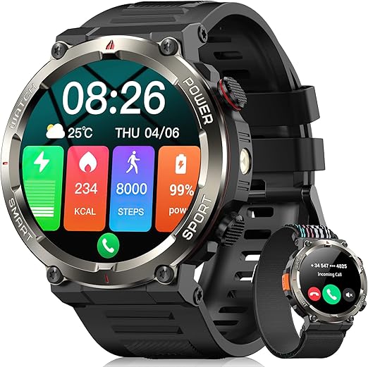 Smartwatch Militar Masculino,Relógio Inteligente com Chamadas,Tela HD de 1.45",2 Alças,100...