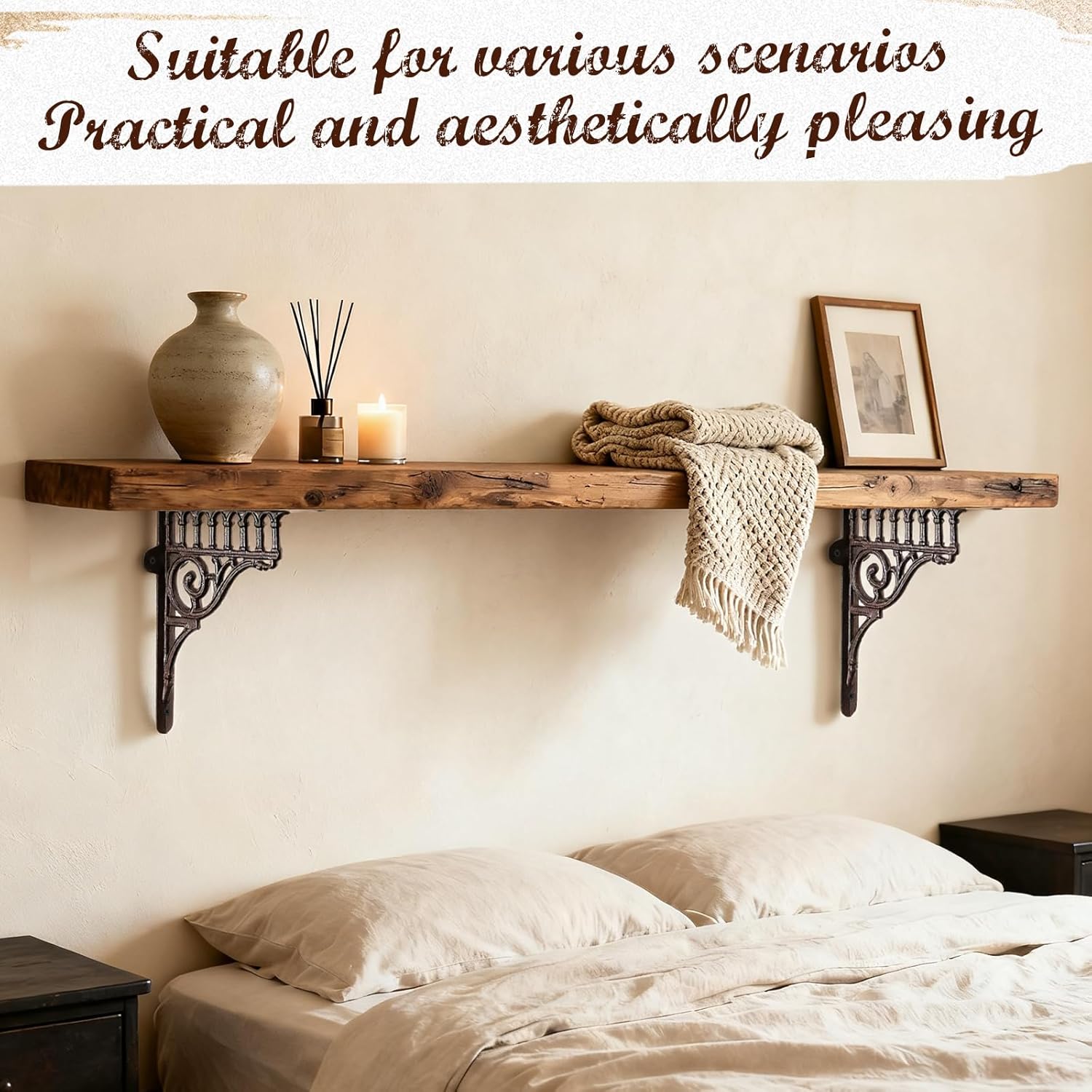 Blulu 2 Pcs 10.6 Inch Cast Iron Shelf Brackets Antique Style Decorative Black Vintage Shelf Brackets Heavy Duty Farmhouse Rustic Wall Decor Classic European Victorian Design Bookcase Brace for Wall