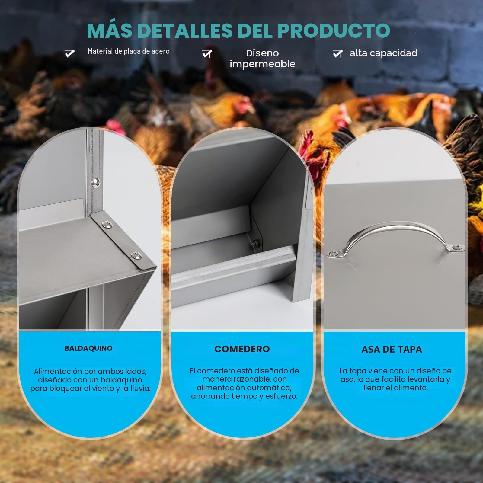 Alimentador automático de pollo de 25 kg, alimentador de aves de corral galvanizado con tapa y tapón, sin desperdicios, comedero de gravedad para pollo, pato, aves de corral