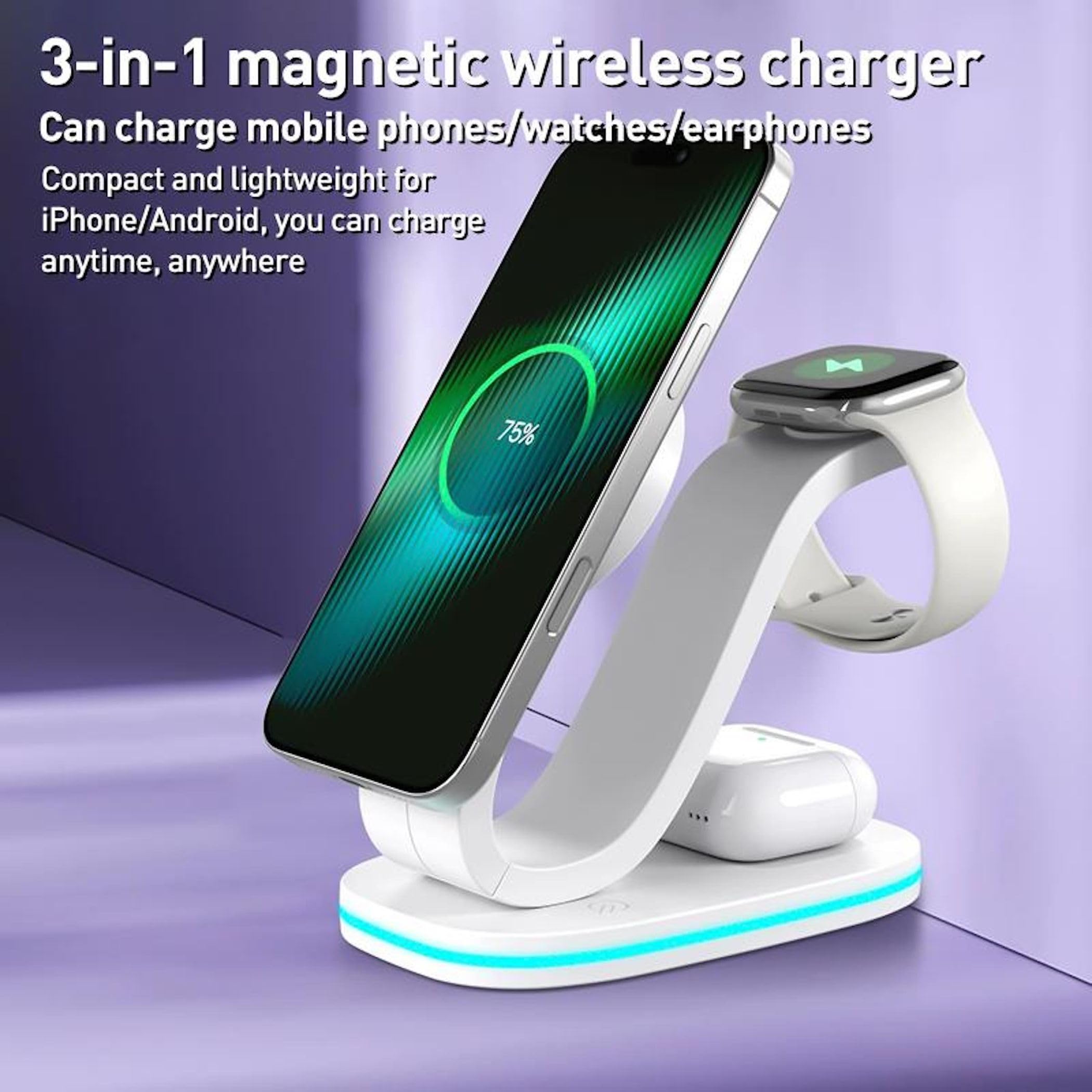 Wigento Station de charge universelle 3 en 1 sans fil pour smartphone, montre, casque, chargeur