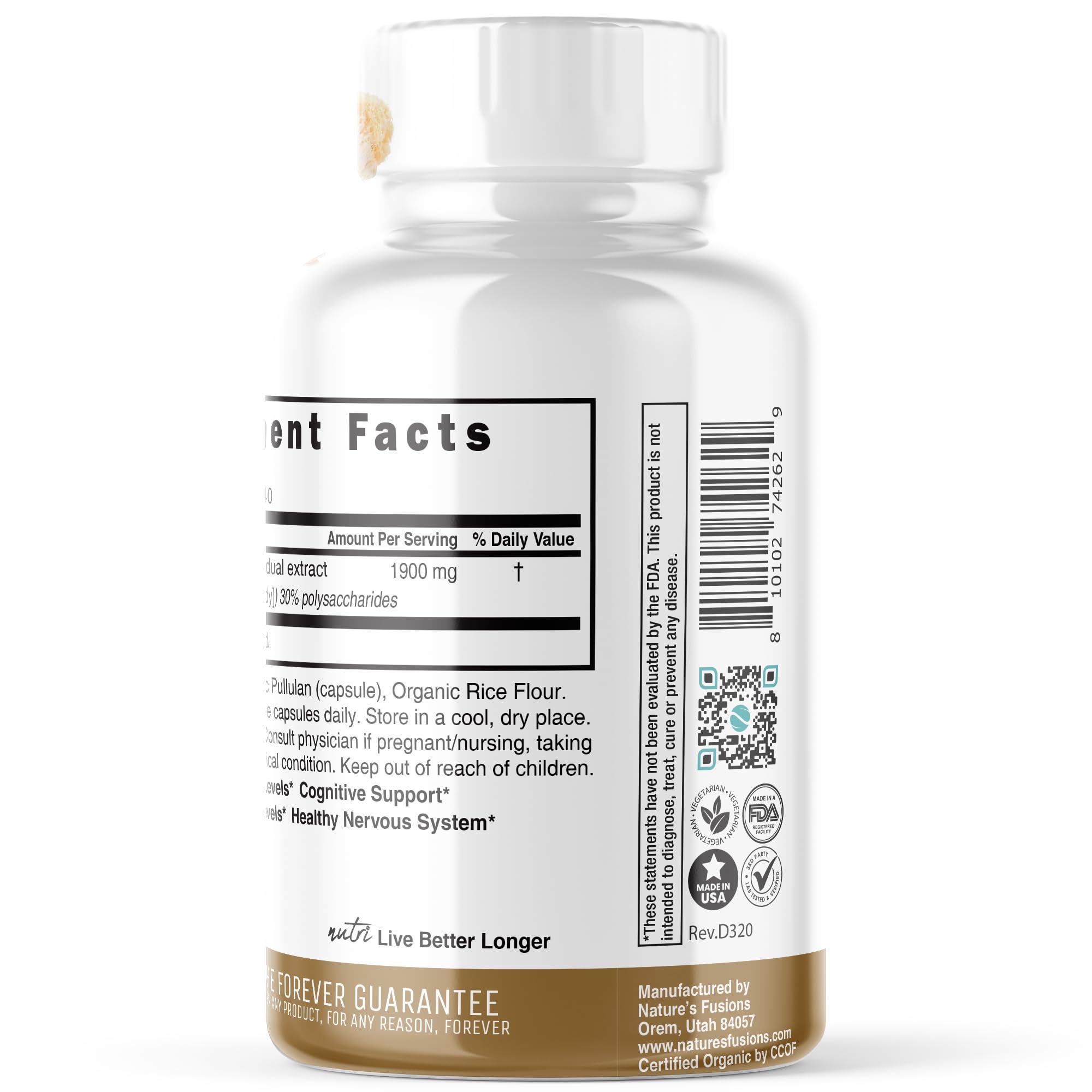 Nutri Organic Lion's Mane 1900mg - Cognitive & Heart Health - 120 Caps — Amazon image 3