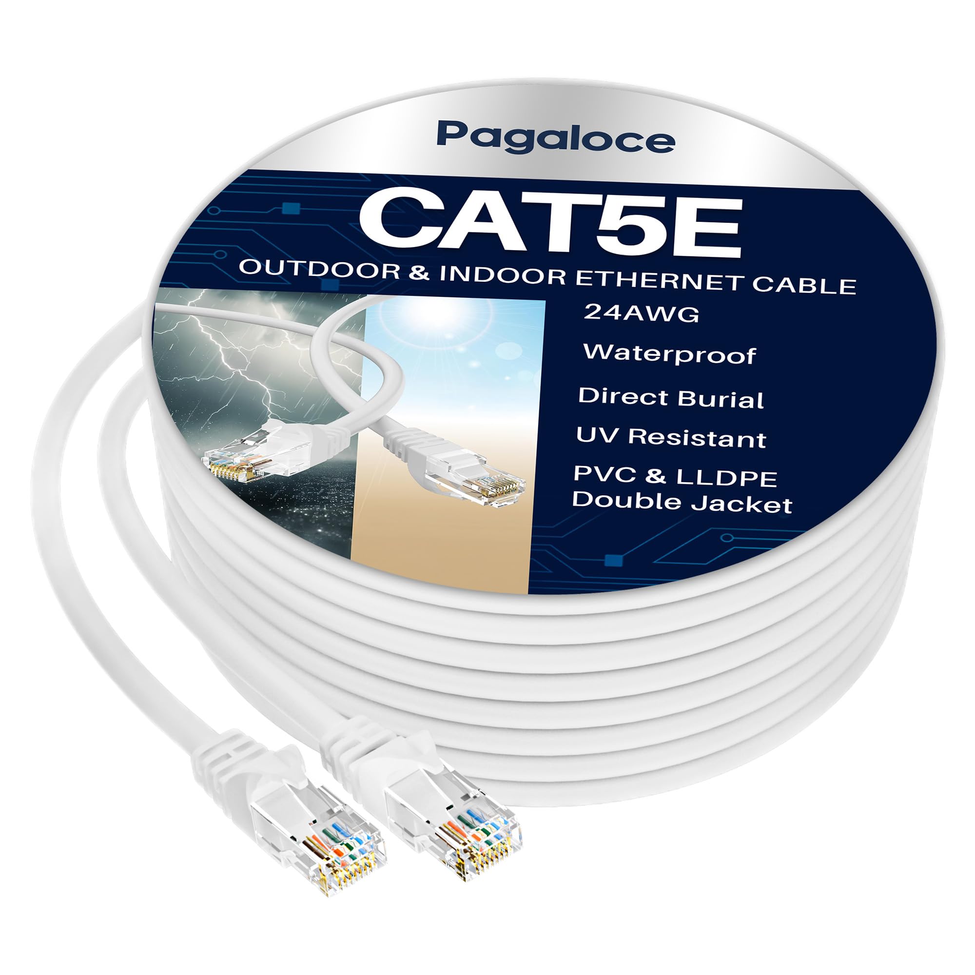Kabel Ethernet Cat5e 45,2 m, szerokopasmowy kabel połączeniowy ze standardowym złączem RJ45, długi biały kabel bez zaczepów, kabel sieciowy LAN UTP do komputera, routera, modemu, TV, PoE, PS5