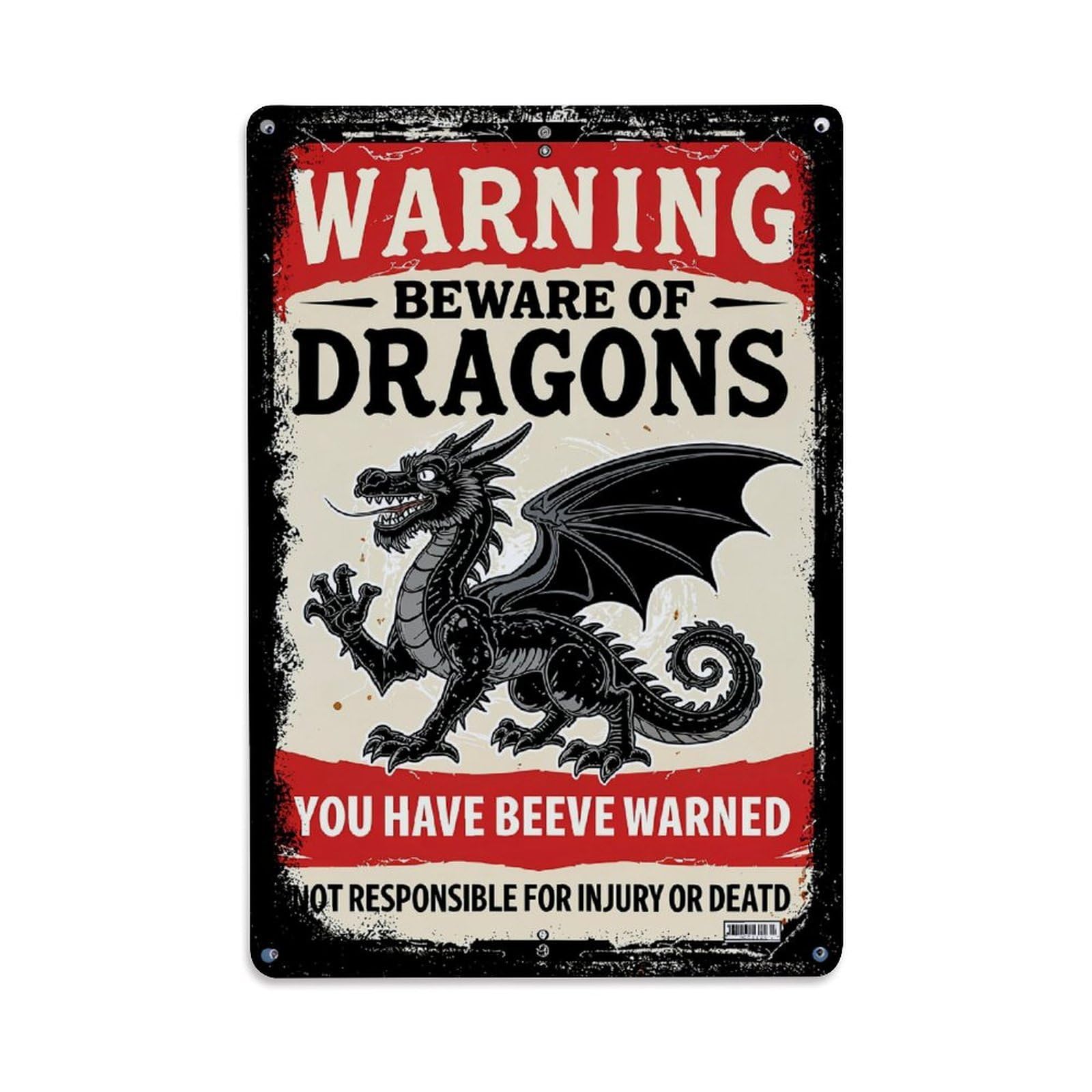 Jdfenggu Vintage Warning Beware Of Dragons You Have Been Warned Retro Metal Tin Sign, Decor Art Poster For Bar, Home, Man Cave, Kitchen, Laundry Room Gift 8X12inch