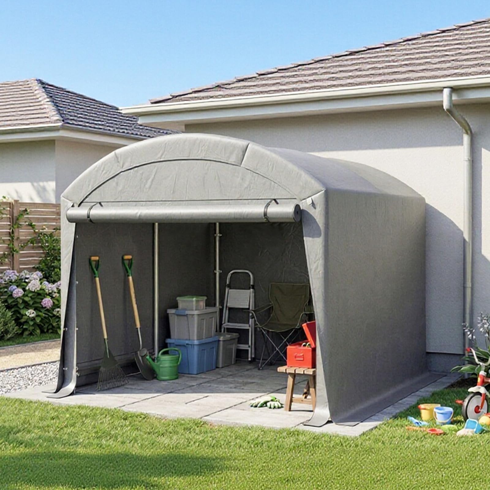 LARMNEE Fahrradunterstand, Fahrradgarage, Gerätehaus, Garagenzelt, 182 x 182 x 205 cm, Carport Lagerzelt Gerätezelt für Gartengeräte Fahrräder, für Garage, Garten, Abstellraum, Grau EGY01ZX02