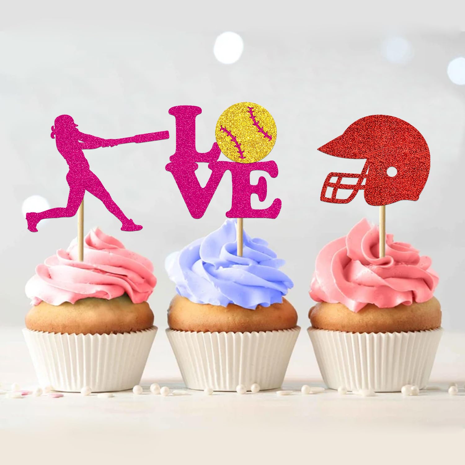 24pcs Softball Glitter Cupcake Toppers - Birthday Party Decorations For Girls - View #2