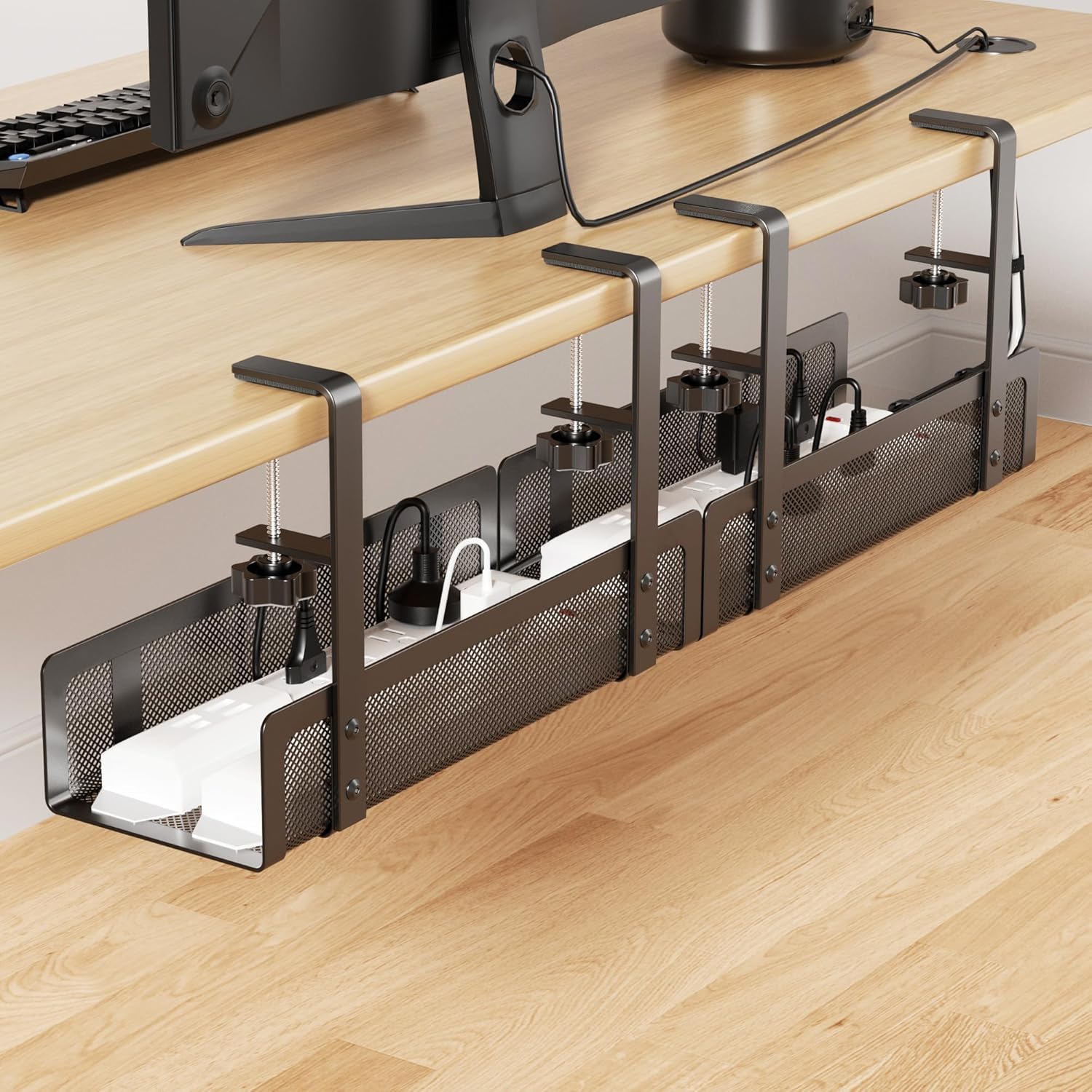TISANY [Upgraded] 2 Pack Cable Management Under Desk Tray, 27.6" No Drill Open Slots Cable Management Tray, Cord Wire Organizer Box with Clamp for Table Thickness up to 3" - No Desk Damage (Black)