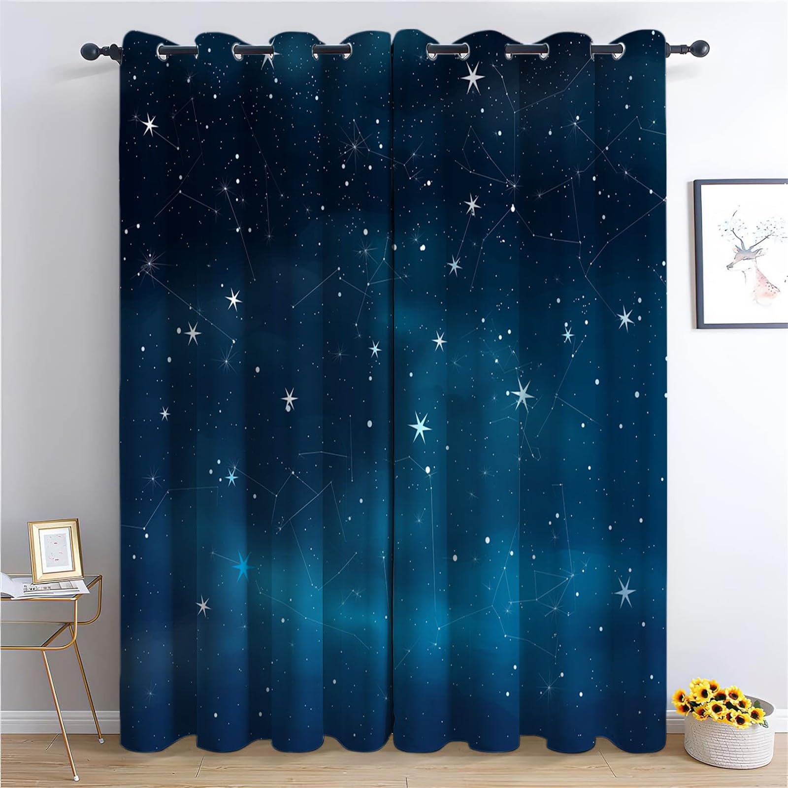 Lot de 2 rideaux occultants à isolation thermique avec œillets pour chambre à coucher et salon - Étoiles Et Constellations Rideau de fenêtre pour Enfants Chambre- Bleu Étoilé 220 x 215cm (l x P)