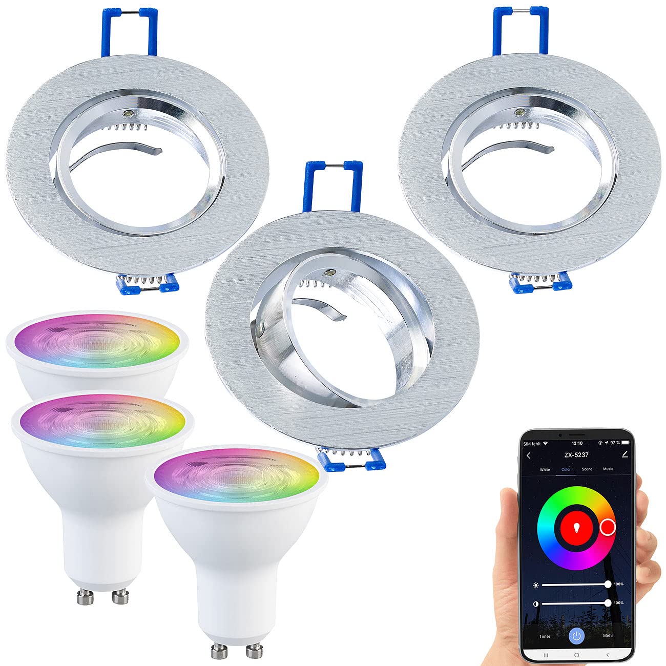Luminea ZigBee Lampe GU10: 3er-Set Alu-Einbaustrahler-Rahmen mit ZigBee-LED-Spots, 345 lm, 4,8 W (Wandspot GU10, LED)