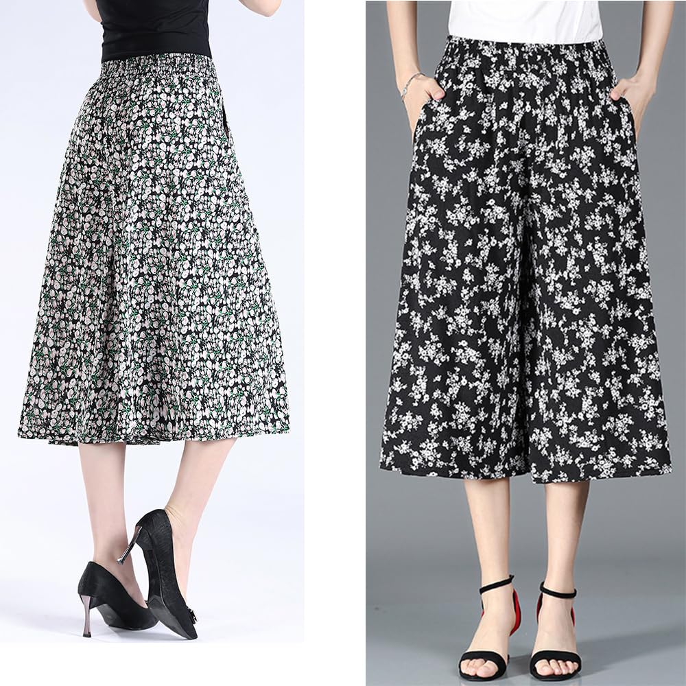 VNDUIFH Rsvelte Pantaloni Gonna,Culotte a Gamba Larga in Chiffon Pieghettato in Vita Alta Elastica da Donna,Culotte a Vita Alta al Ginocchio