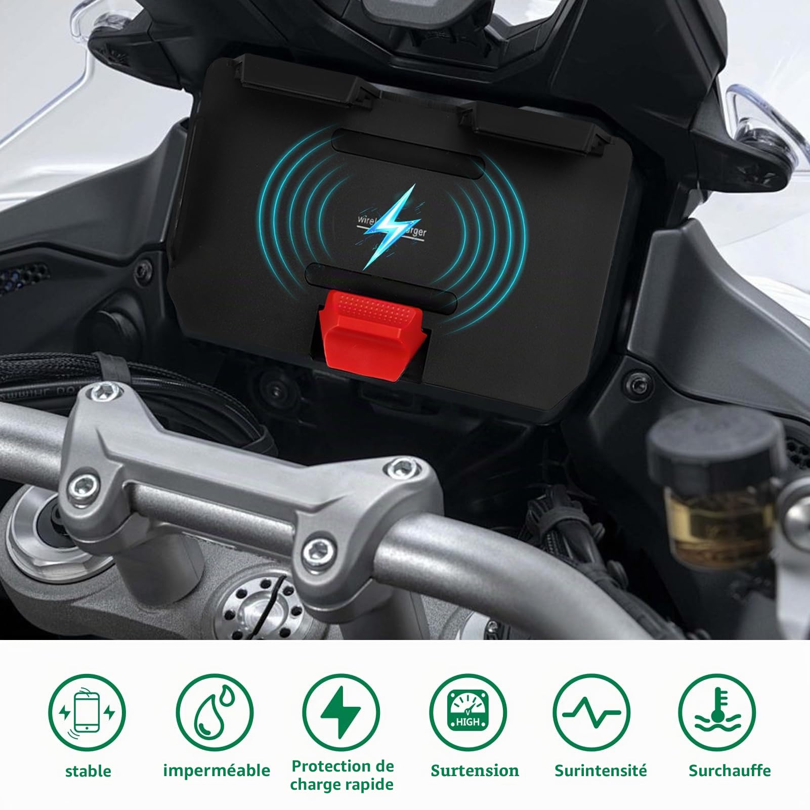 DAZZLEEX Support de téléphone de navigation pour moto BMW avec chargement sans fil 15 W pour R1200GS R1250GS R1300GS IPX6 étanche 10,6 à 16,5 cm (logo rouge)