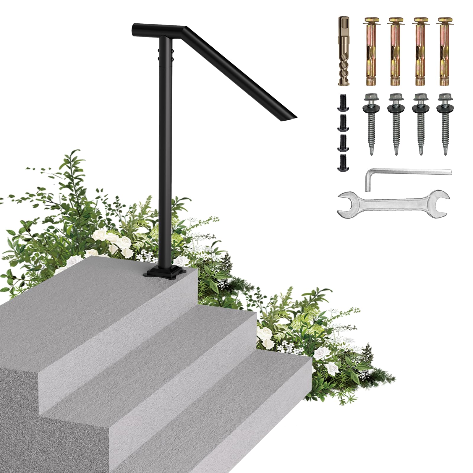 handrails for outdoor steps, single post wrought iron handrail for 1, 2, 3 step, outdoor stair rail handrails with diy took kit, 37" h black hand rail powder coating for concrete steps or wood stairs