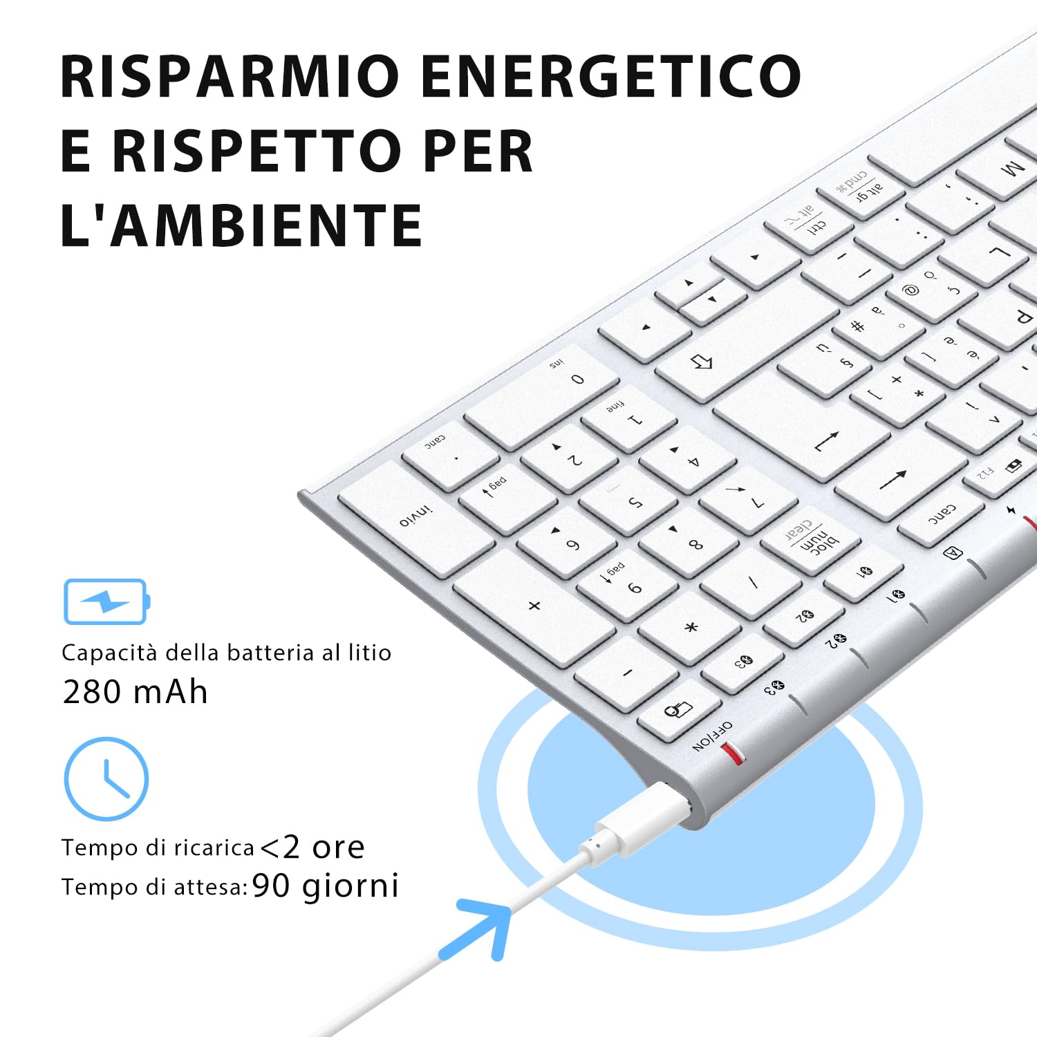 iClever Tastiera Bluetooth, Tastiera Ricaricabile Multi-Dispositivo Bluetooth 5.1con Connessione Stabile per Mac OS, Android, Windows (Silver)