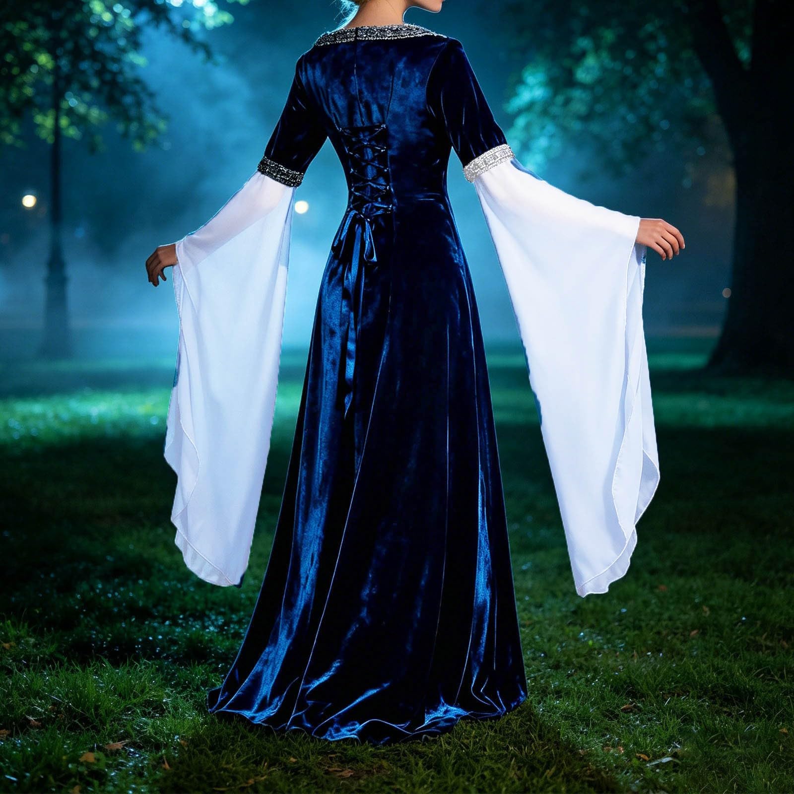 Generisch Vestido medieval de terciopelo para mujer, vestido de noche de terciopelo, vestido histórico, retro, vestido largo elegante renacentista, con mangas de gasa y cordones, vestido de fiesta