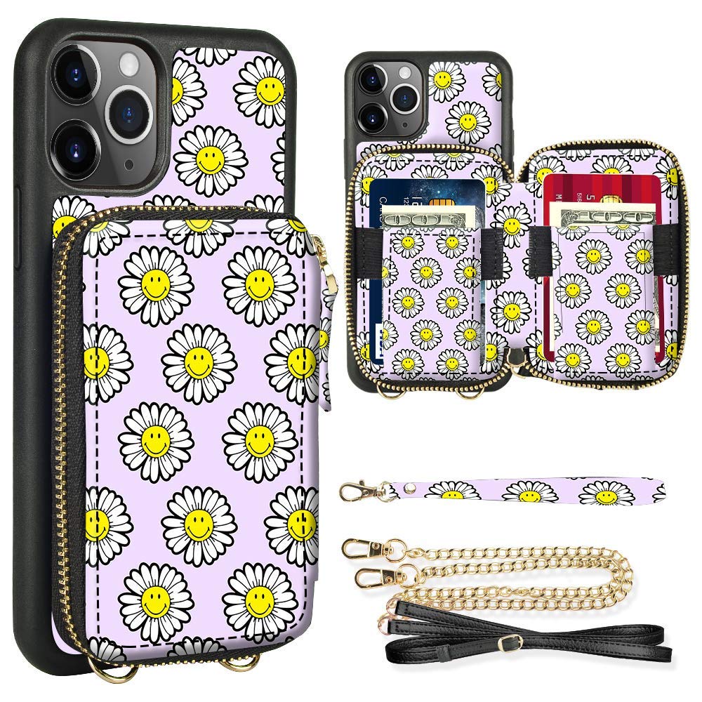 iPhone 11 Pro Wallet Case, ZVE iPhone 11 Pro Crossbody Case with Credit Card Holder Slot Zipper Handbag Purse Wrist Strap Pattern Print Leather Case for Apple iPhone 11 Pro 5.8 inch - Smiley Daisy