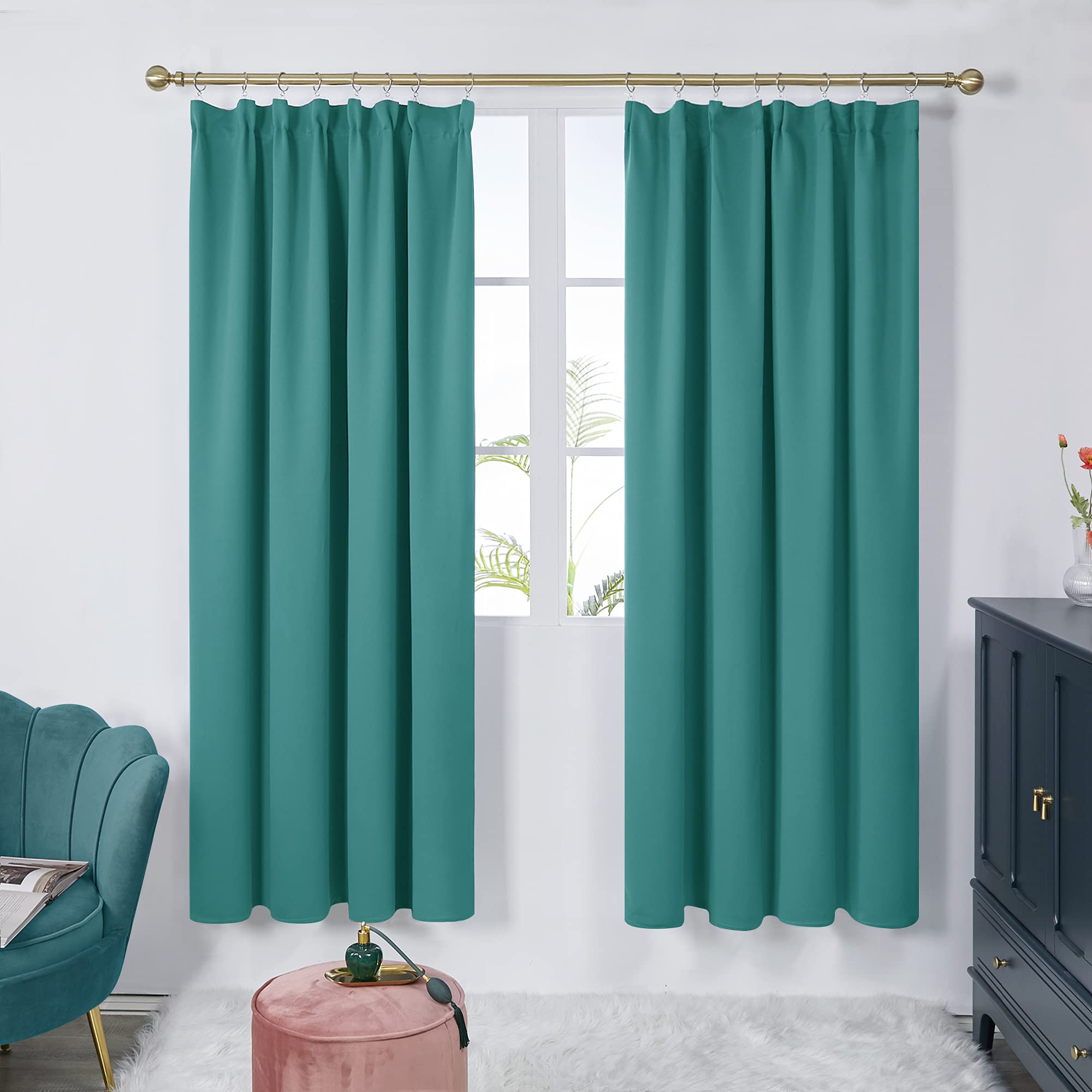 Deconovo Solid Rod Pocket Curtains Thermal Insulated Pencil Pleat Blackout Curtains for Kids 90 x 72 Turquoise Two Panels - Image 3