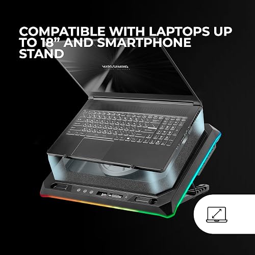 Mars Gaming MNBC-ULTRA, Cooling Base and Stand, 140mm Fan, CoolCore Airflow Technology, RGB Chroma, 5 Positions, Compatibility with Laptops up to 18", Smartphone Holder, 4x USB-A, Black - 5