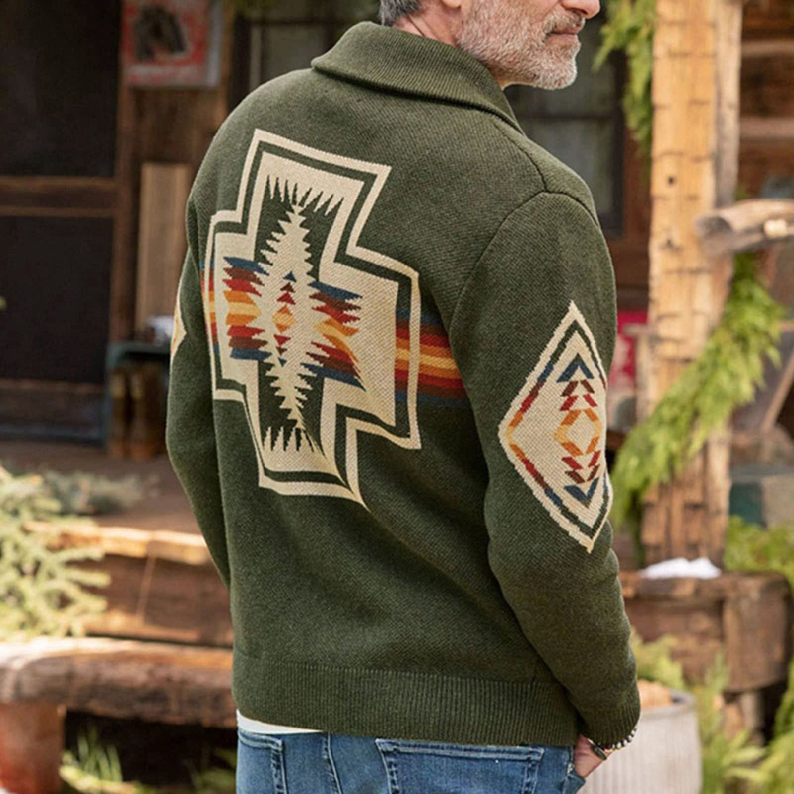ENENEN Giacca a Maglia Jacquard a Maniche Lunghe Spesse Cardigan da Uomo con Revers Button Knit Jacket