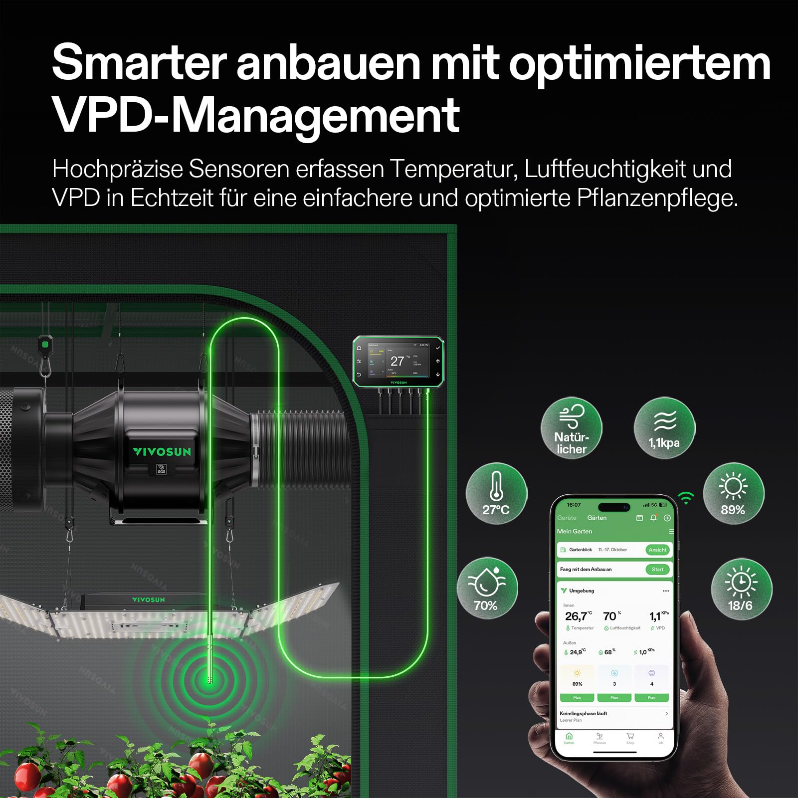 VIVOSUN Smart Rohrventilator 100mm AeroZesh T4 PRO Abluftventilator 357m³/h mit GrowHub E42A+, VPD-Regler, WiFi/App-Fernsteuerung, Ventilator Growbox Rohrlüfter für Growzelte Gewächshäuser