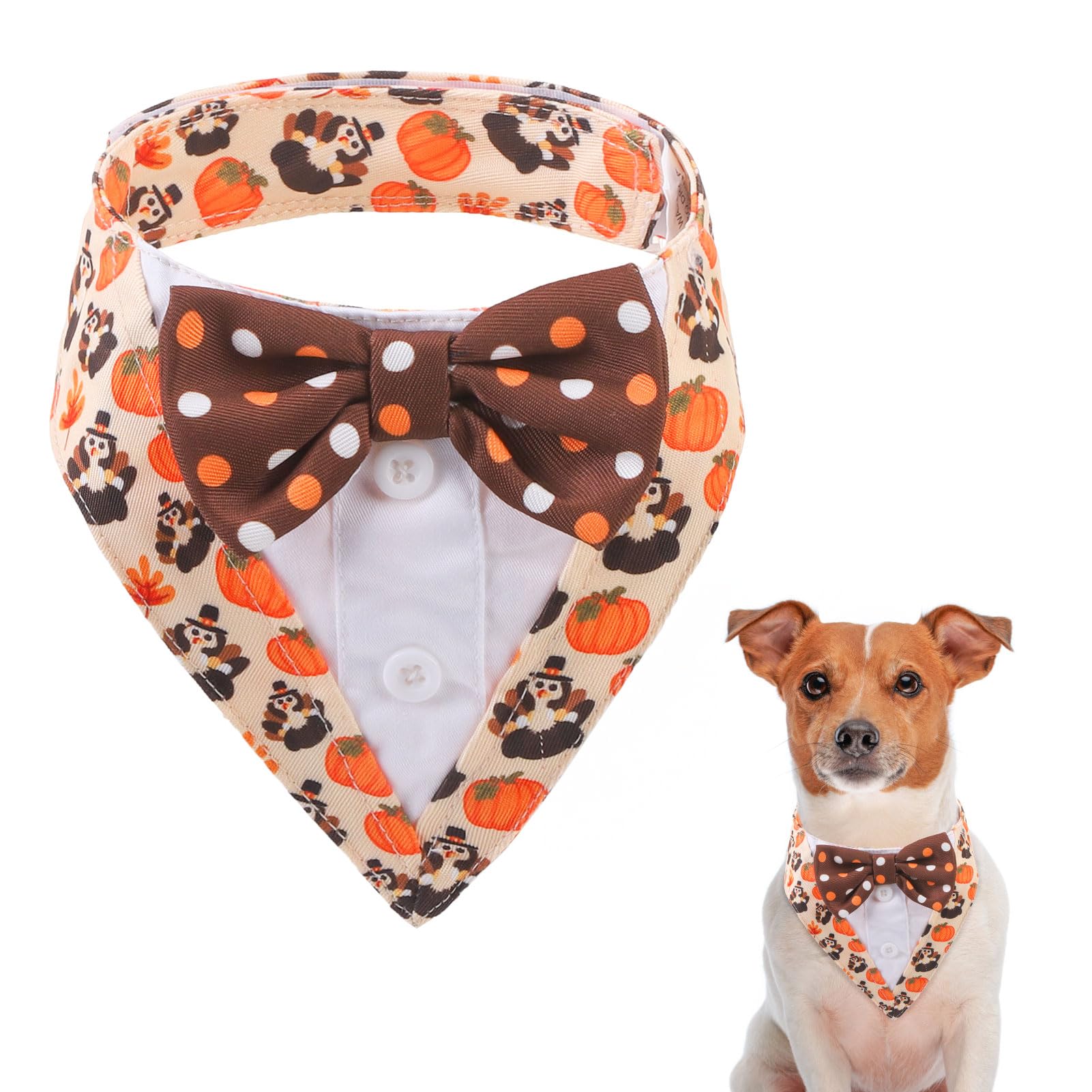 SCENEREAL Fall Thanksgiving Dog Tuxedo Bandana with Bowtie, Turkey Pumpkin Print Dog Halloween Costume, Formal Outfit for Small Medium Dogs Cats, Cute