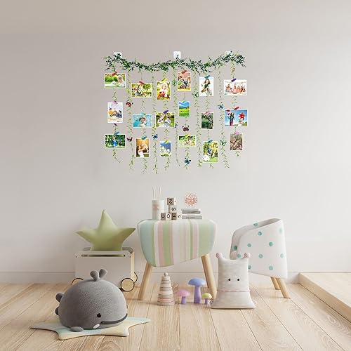 Miniatura 7 de Expositor de fotos para colgar en la pared con clip, juego de collage de marcos de fotos de hojas de árbol de vid artificiales con 40 clips y 8