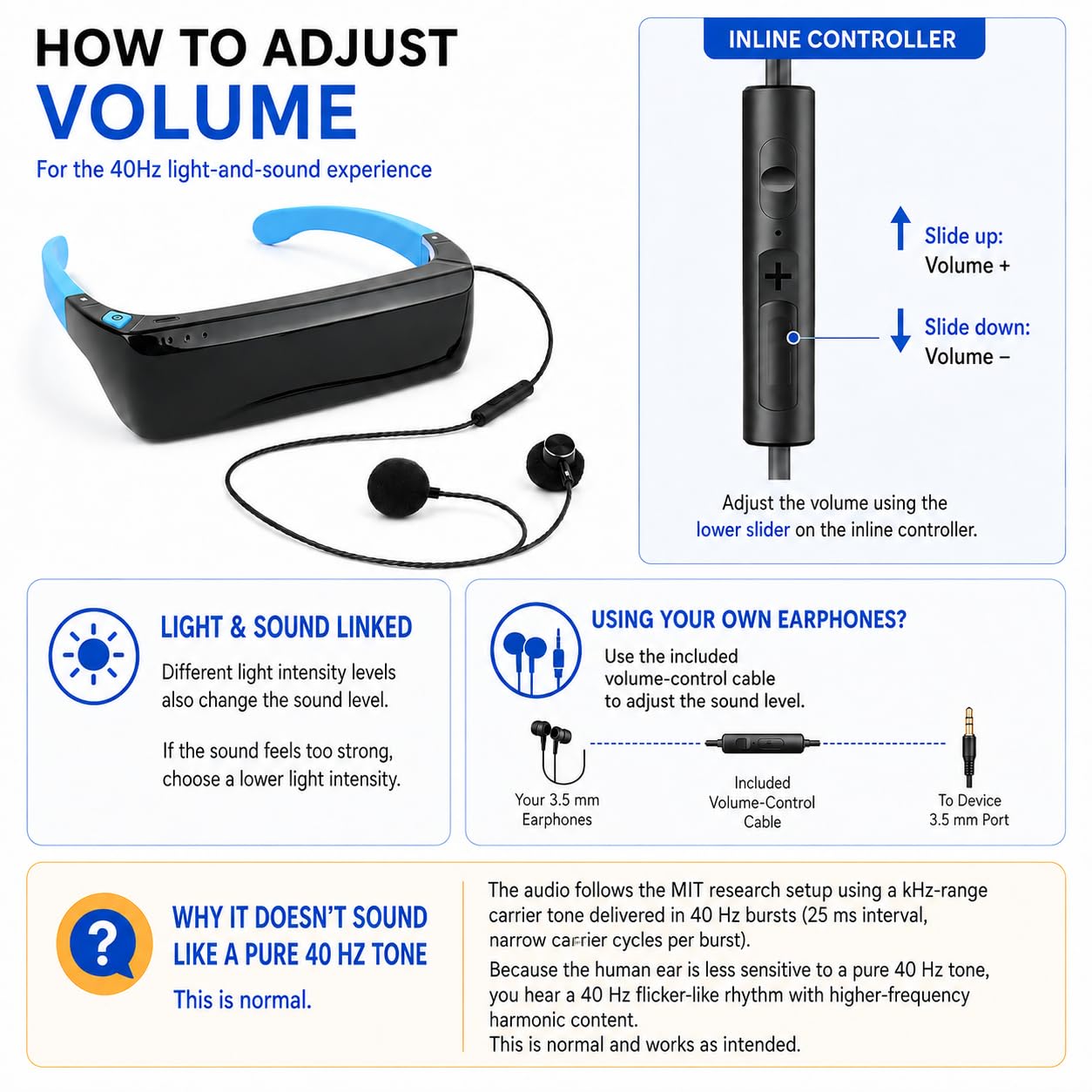 Dispositivo de sonido de luz gamma de 40 Hz con auriculares, brillo y volumen ajustable