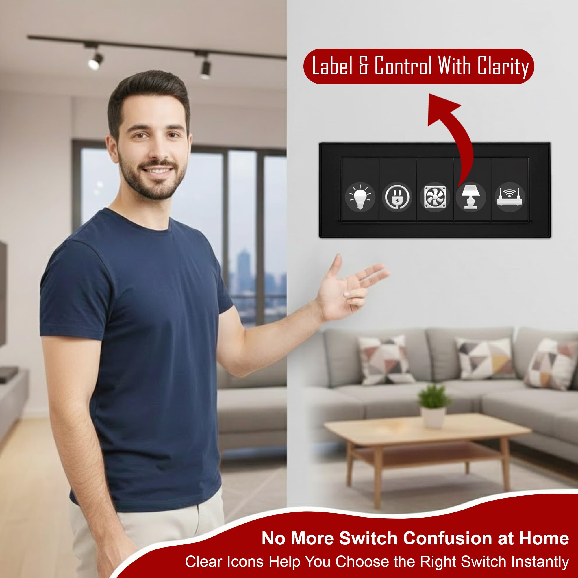 600 Silver Glow Embossed Switch Board Stickers with 60+ Icons | Luxury Vinyl Self-Adhesive Switch Covers for Lights, Fans & Appliances