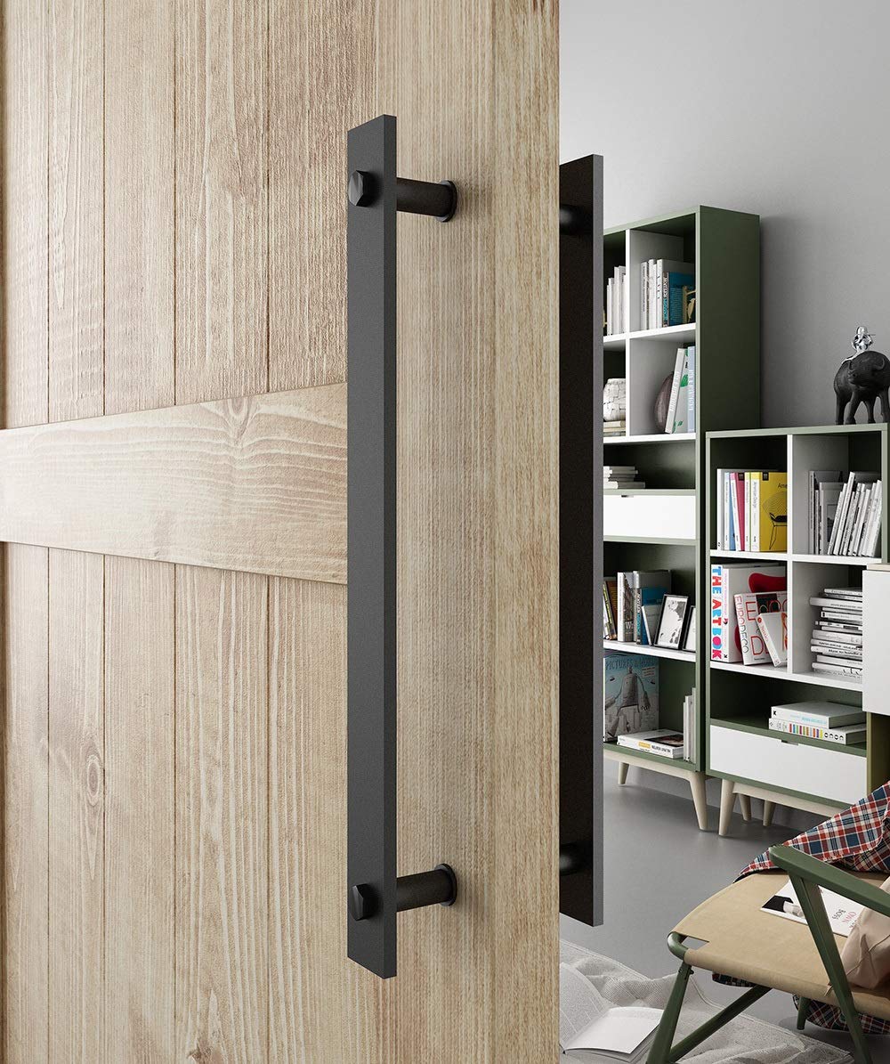 Manija de puerta de granero negro rústico de acero de 35,56 cm y tira de madera puerta de dos lados plana barra a barra manija de puerta Knocker