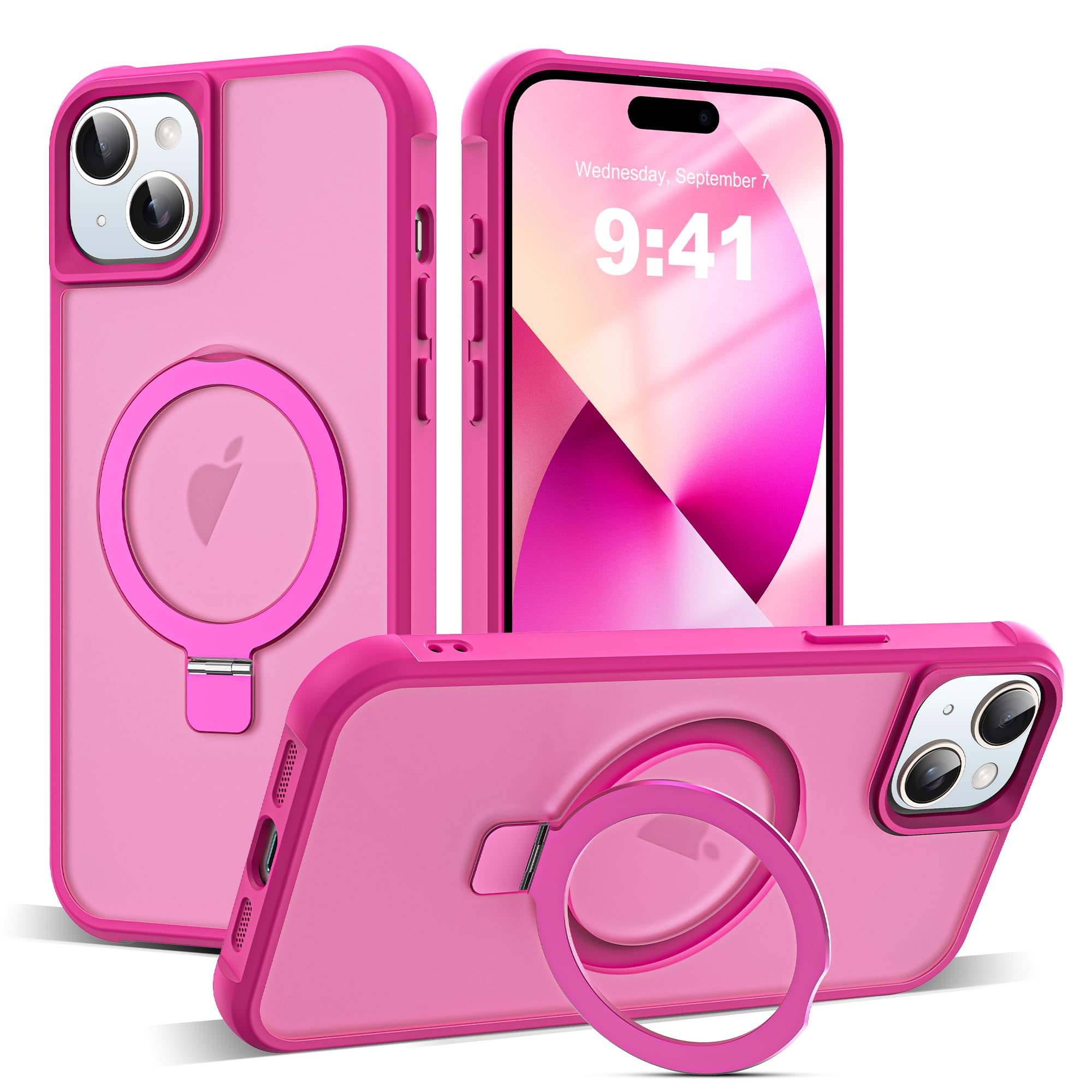 SAITONG for iPhone 13 Case & iPhone 14 Case with Invisible Magnetic Ring Stand Translucent iPhone 13 & 14 Phone Case 6.1" [Compatible with MagSafe][Great Grip Feeling], Rose