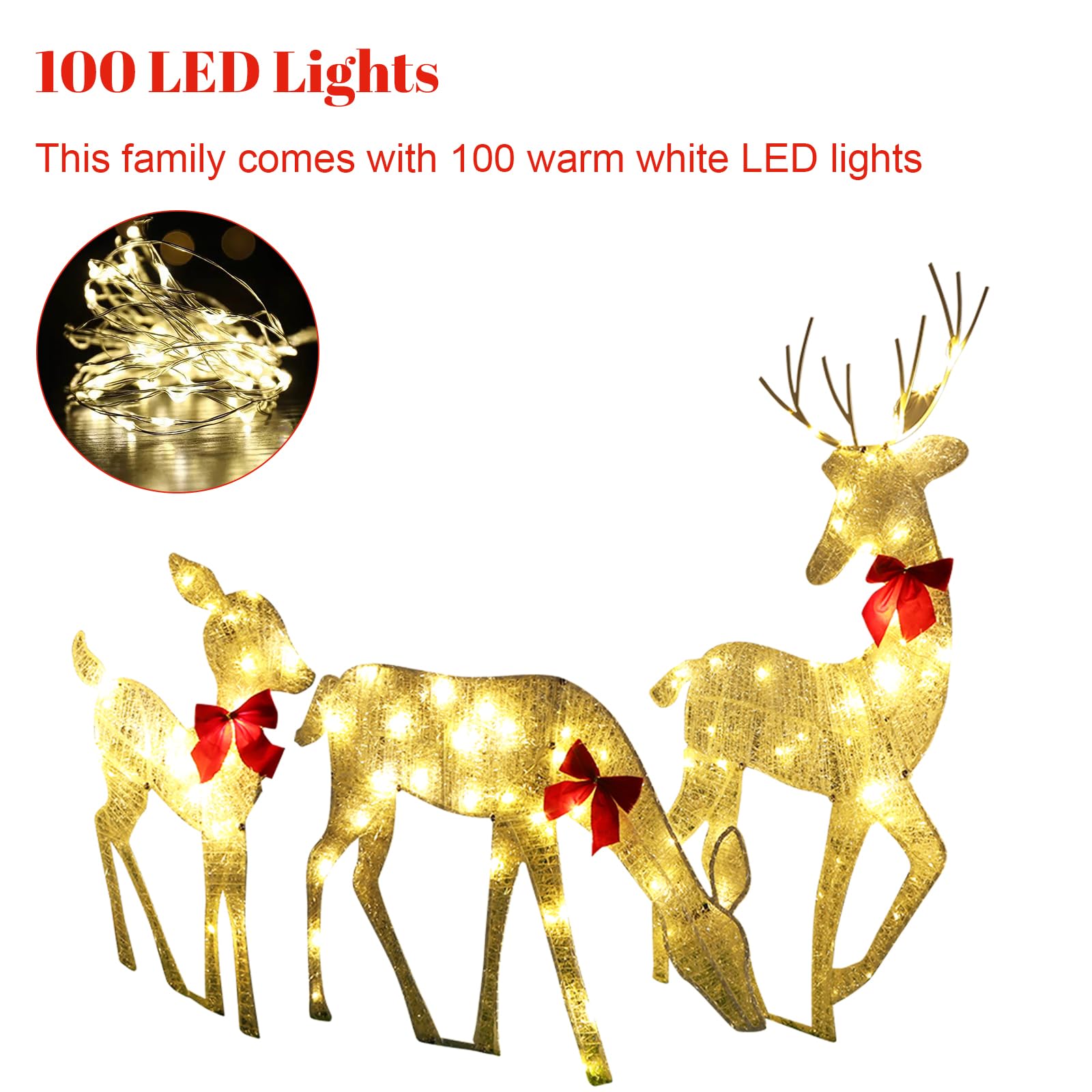 BomKra 3-Teiliges LED Rentier Familie Weihnachtsdeko 100er LED Rentiere Beleuchtet 2d Wasserdicht Weihnachtsbeleuchtung Aussen Für Außen Und Innen, Rasen, Wohnzimmer Party Dekorationv