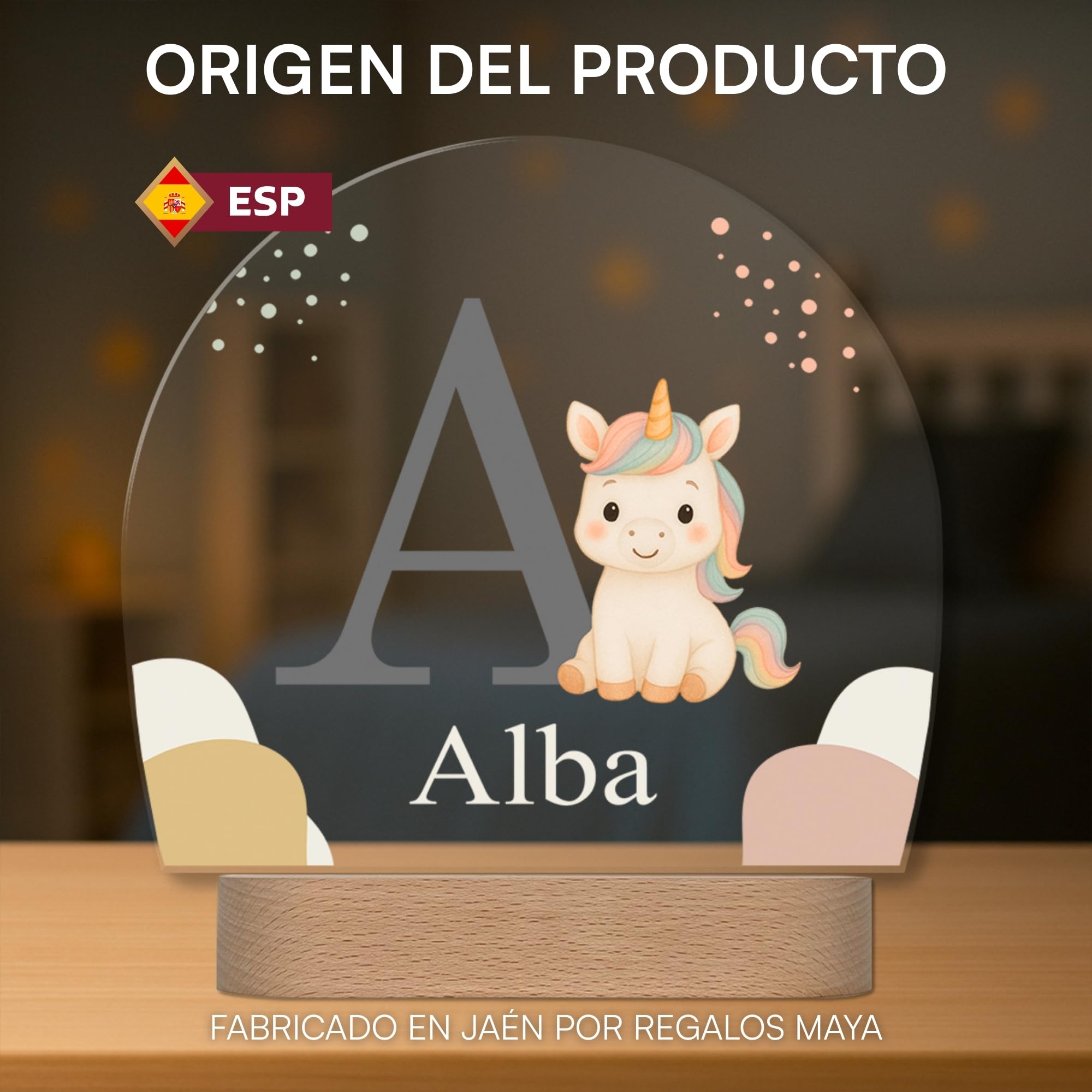 Lámpara Infantil Personalizada con Nombre e Inicial - Lámpara Quitamiedos con Luz LED - Regalo Original para Bebé, Bautizo, Cumpleaños (Unicornio)