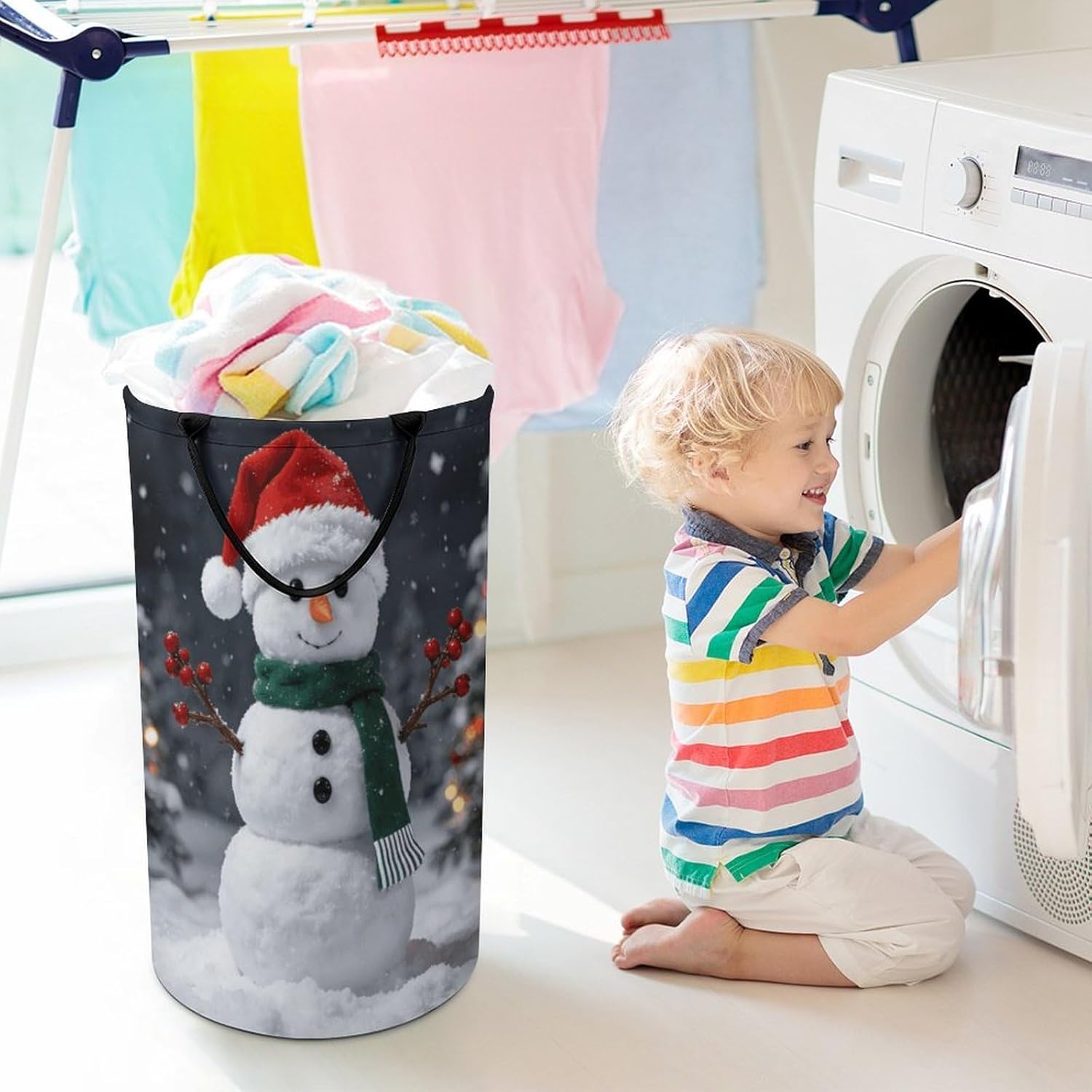 Red Santa Snowman Laundry Hamper with Handles Waterproof Collapsible Laundry Basket Large Lightweight Round Dirty Clothes Hamper for Home Dorm Bathroom Decor