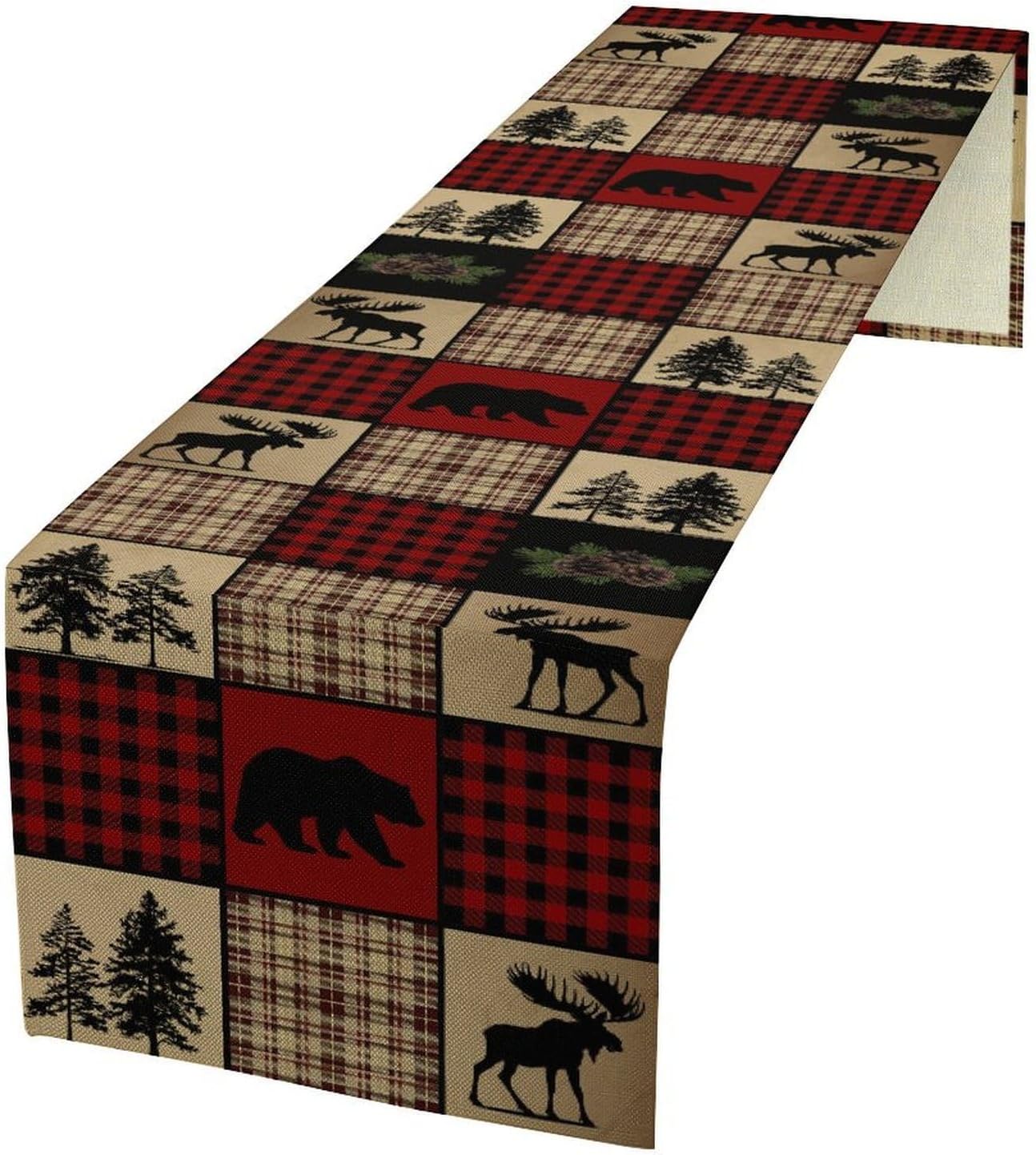 Rustic Lodge Cabin Table Runner, Vintage Red Black Plaid Wildlife Bear Deer Animal Hunting Kitchen Dinning Table Runners for Indoor Outdoor Home Wedding Party Holiday Decor, 13x108 Inch