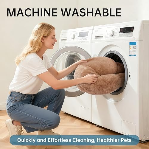 Miniatura 5 de OhGeni Cama redonda calmante para perros y gatos de 24 pulgadas para mascotas pequeñas, cálida y cómoda, mullida y duradera, lavable a máquina,