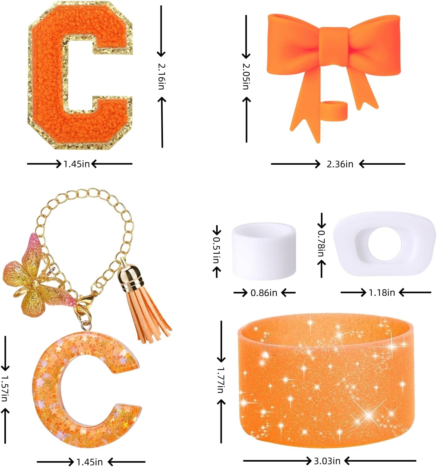 6PCS Orange Stanley Cup Accessories Set Fit for Stanley Cup 30oz 40oz,Including Spill Proof Stopper,Sparkly Silicone Boot,Bow Shape Straw Topper,Personalized Sticker,Handle Charm (Letter C) - Image 8