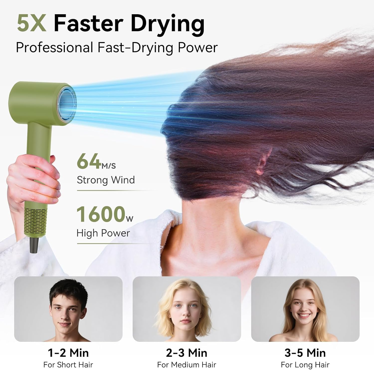 Dries Hair Quickly 500 Million Ion Hair Dryer, Low Noise 160,000 RPM Professional High Speed Fast Drying Lightweight Blow Dryer with Thermo-Control,Gifts for Women for Home and Travel, Green