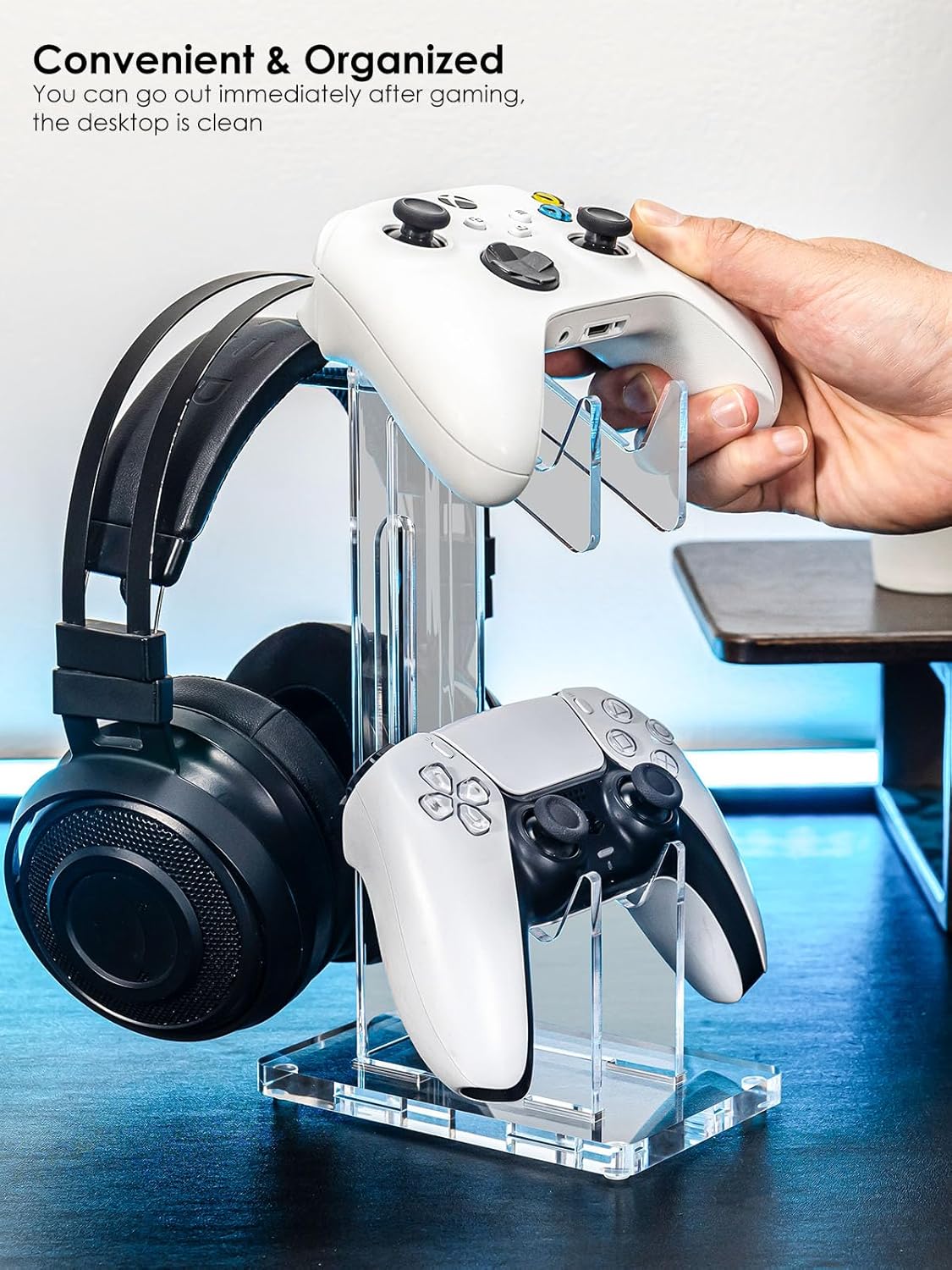 OAPRIRE Headset and Controller Stand, Space-Saving 2 Tier Game Controller Holder, Acrylic Controller and Headset Stand for Desktop, Universal Design Compatible with PS5/PS4/Xbox/Switch (Smoky Clear)
