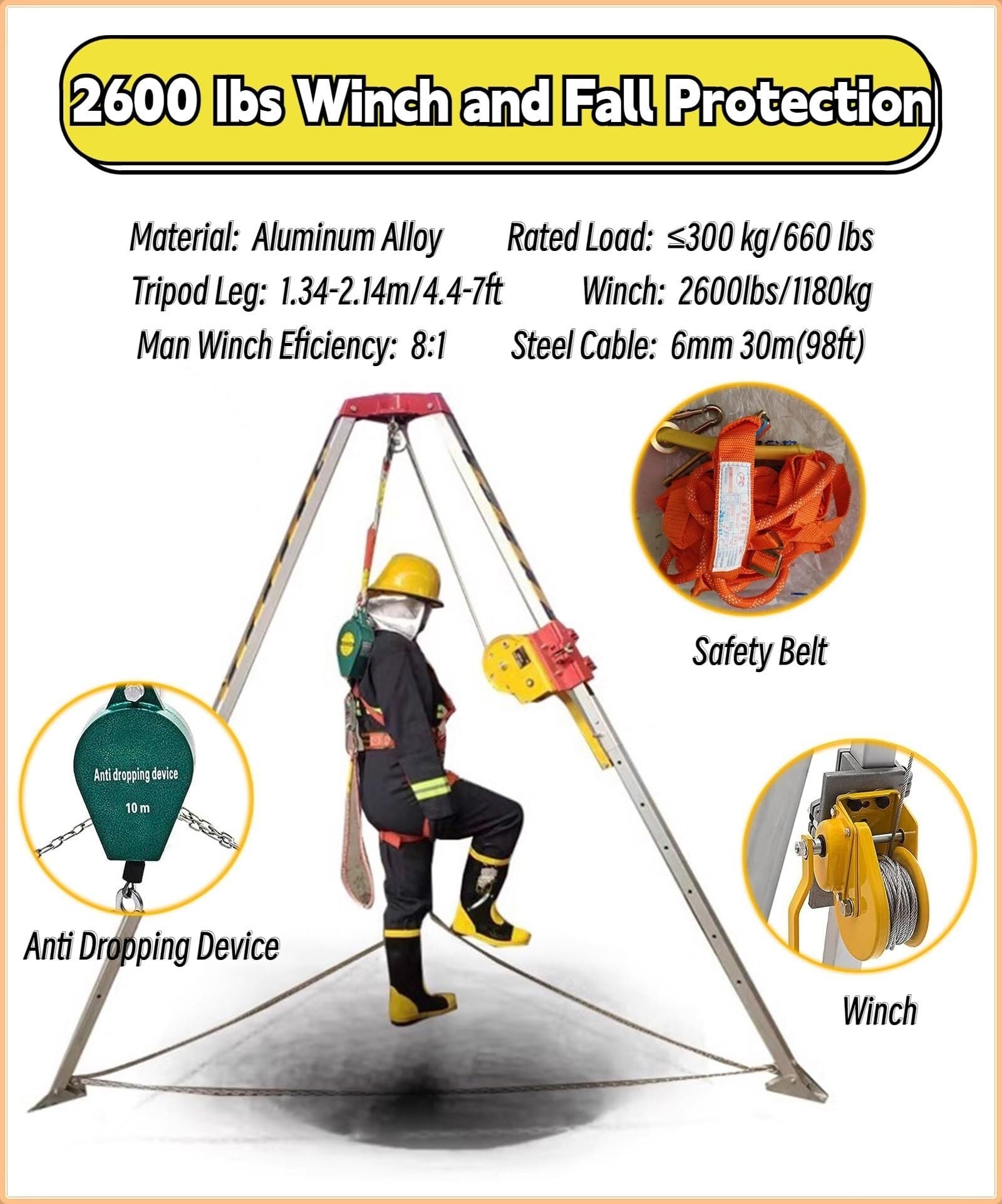 icVantA Manhole Rescue Tripod System Confined Space Tripod Kit with 2600lbs Winch & Safe Belt Heavy Duty Anti-Fall Protector Bracket for WellCellarsSewerUnderground,2600LBS Winch+Safe Belt