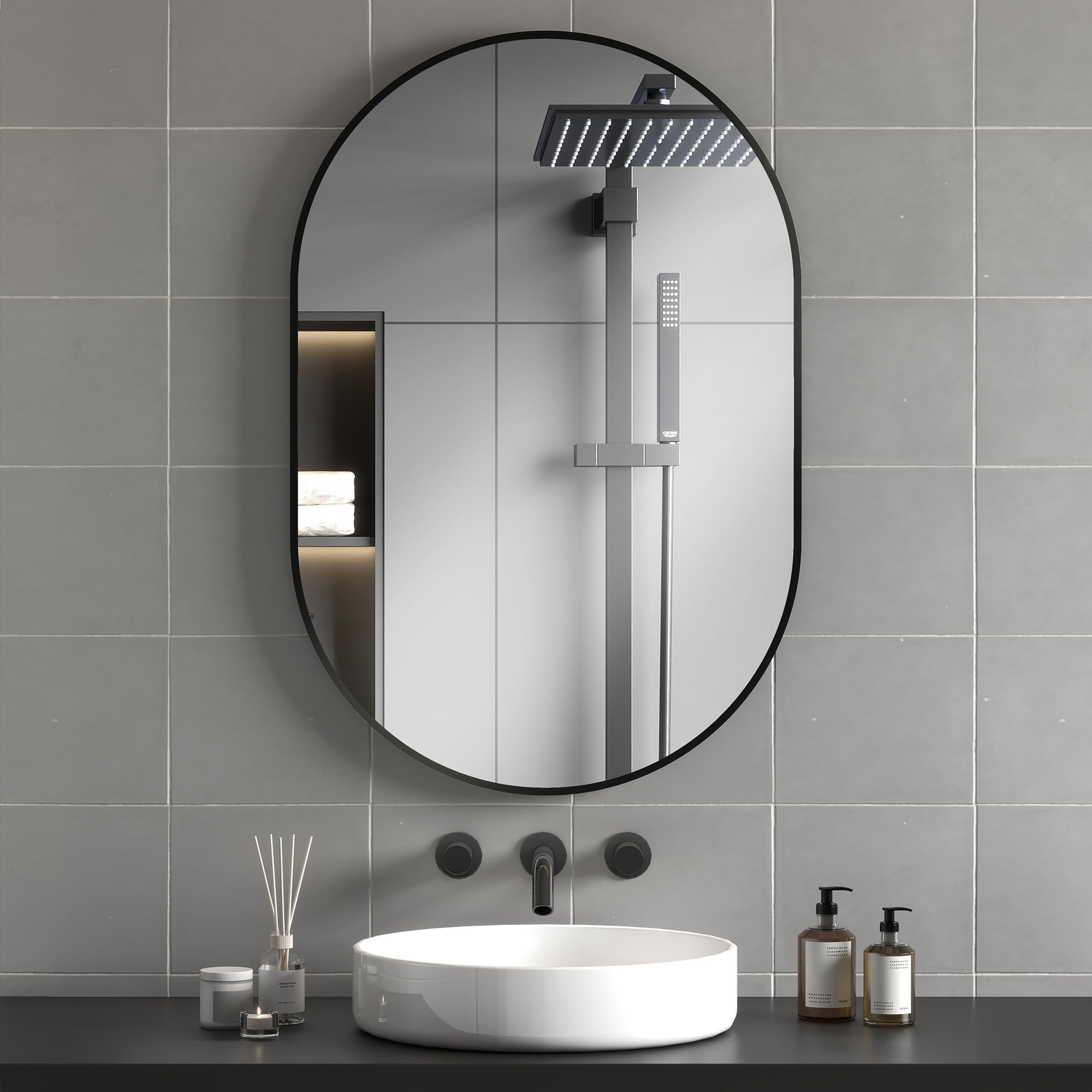 HOMCOM Specchio Bagno Ovale 60x90cm in Vetro Temperato, Specchio da Parete Moderno con Cornice in Lega di Alluminio, Montaggio Verticale/Orizzontale, per Camera da Letto, Ingresso, Soggiorno, Nero