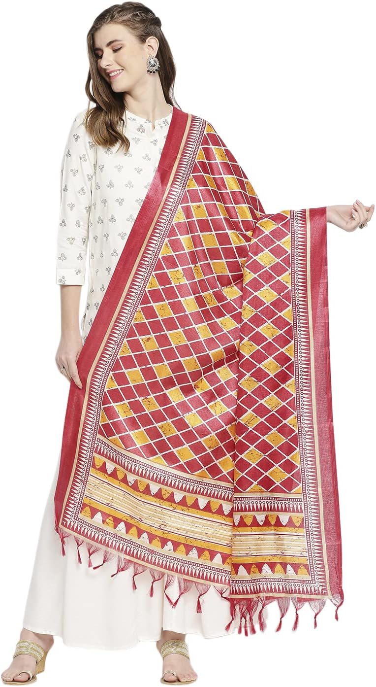 Dupatta Bazaar Women's Red & Yellow Printed Silk Dupatta, Red, Medium