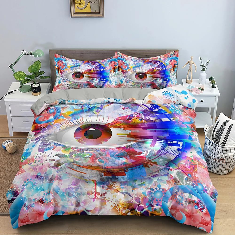 LMMSMGS Double Duvet Set Eye Double Bed Duvet Cover Set for Kids Aldult with Zipper Closure Hypoallergenic Microfiber Quilt Cover 78.7"x 78.7" + 2 Pillowcases 19.7"x 29.5"
