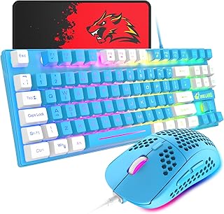Gaming Keyboard and Mouse Combo,88 Keys Compact Rainbow Backlit Mechanical Feel Keyboard,RGB Backlit 6400 DPI Lightweight Gaming Mouse with Honeycomb Shell for Windows PC Gamers (Blue&White)