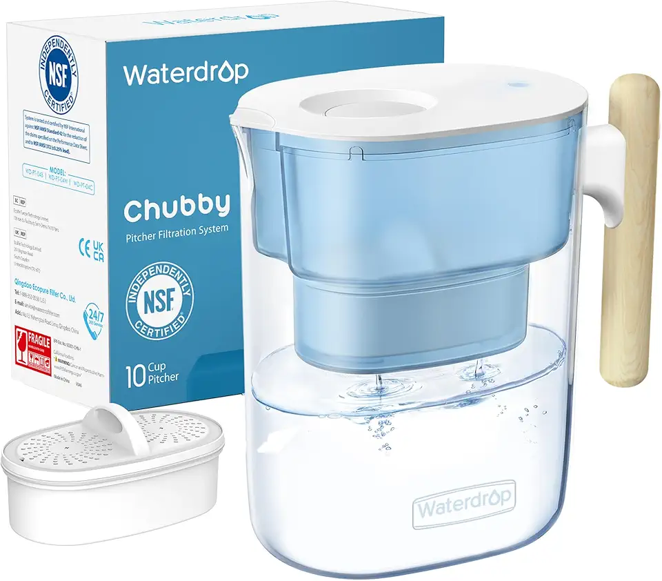 Waterdrop 200-Gallon Long-Life Chubby 10-Cup Water Filter Pitcher with 1 Filter, NSF Certified, 5X Times Lifetime, Reduces PFAS, PFOA/PFOS, Chlorine, BPA Free, Blue