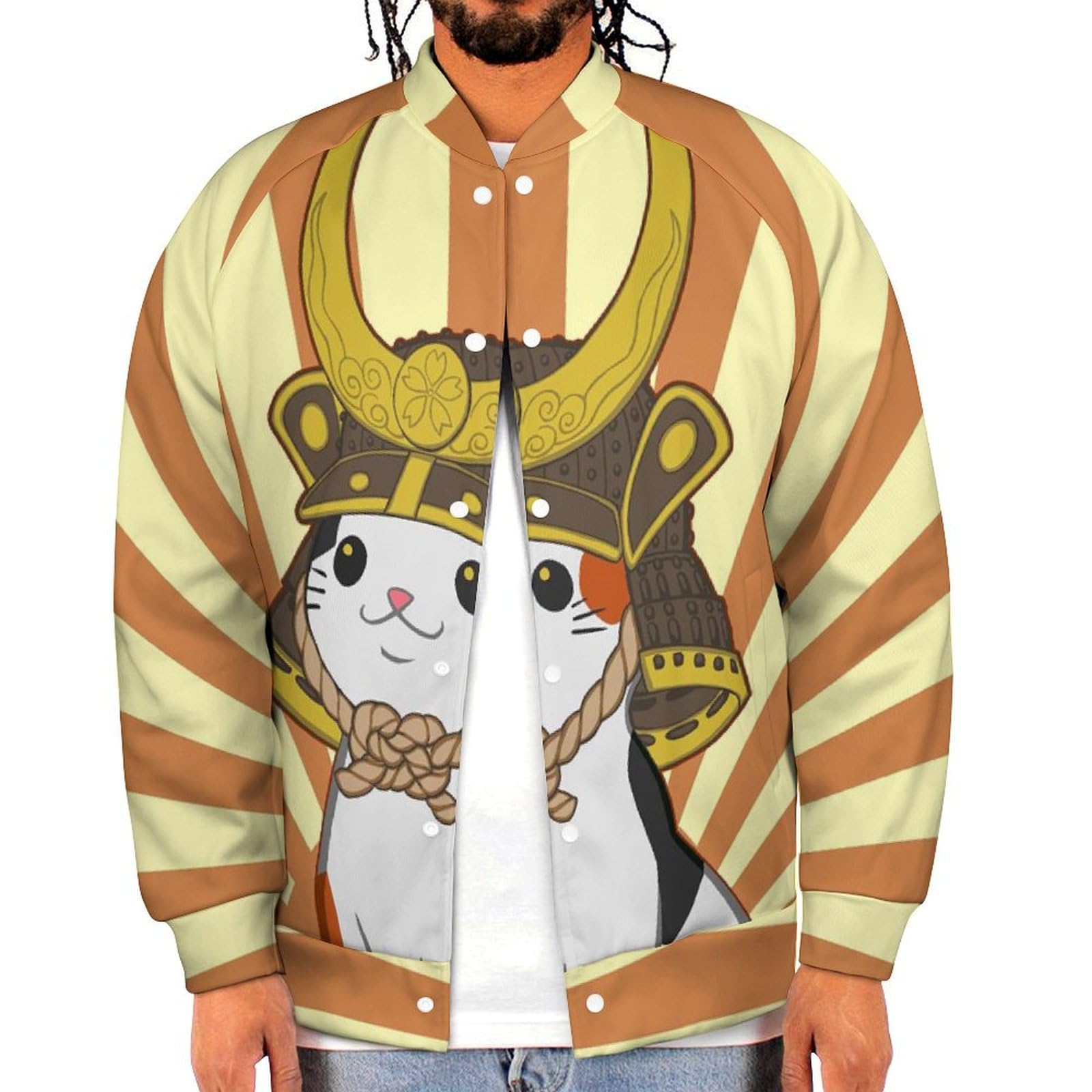 Japanese Bobtail Cat Wears Samurai Men's Baseball Jacket Casual Bomber Jacket Loose Letterman Coat